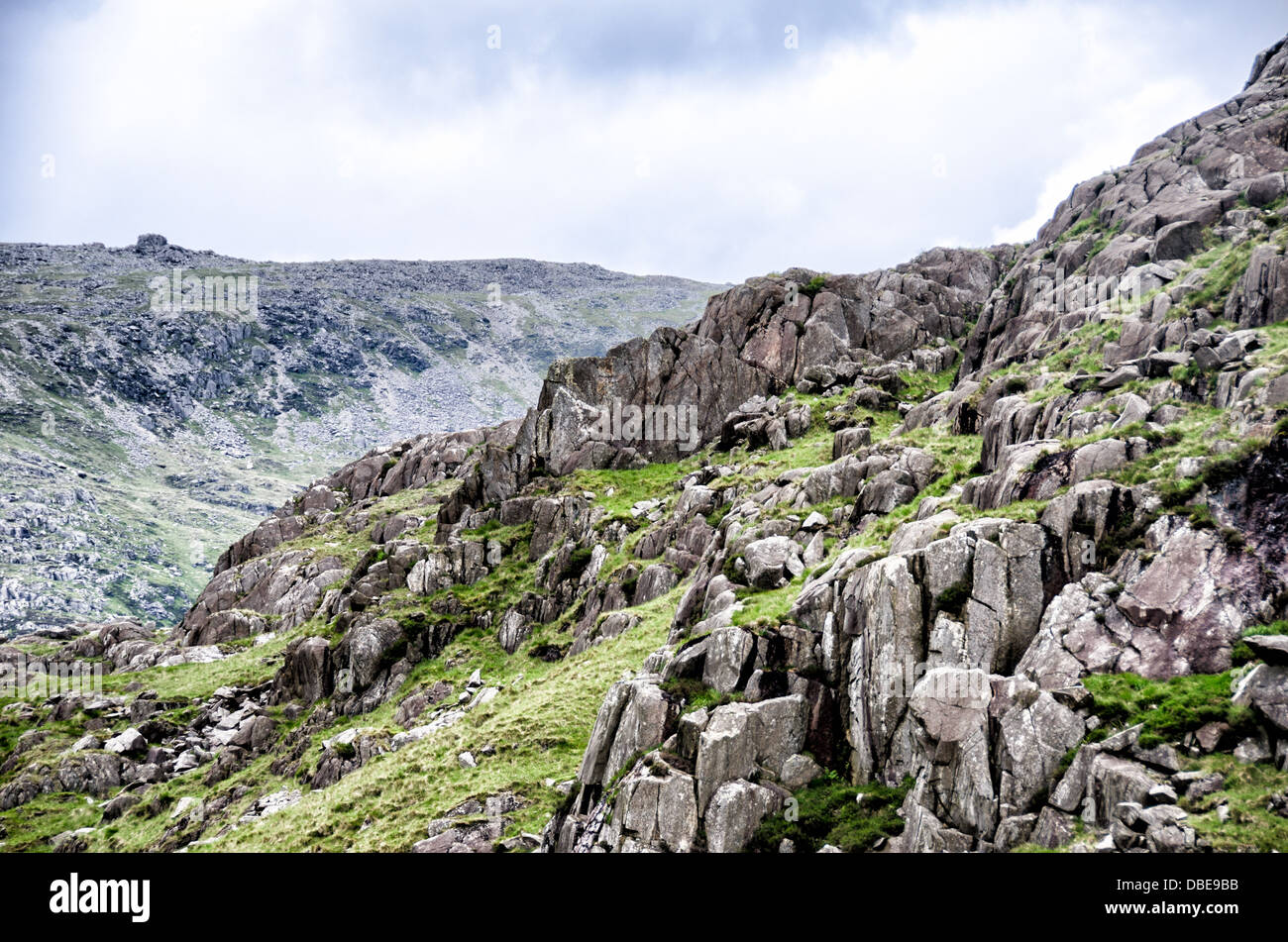 SNOWDONIA, Wales – die zerklüfteten Berge des nördlichen Snowdonia-Nationalparks entlang der A4086. Diese malerische Route bietet einen dramatischen Blick auf die walisische Landschaft mit hohen Gipfeln, felsigen Landschaften und ausgedehnten Tälern, was sie zu einer beliebten Fahrt für Naturliebhaber macht, die den Park erkunden. Stockfoto