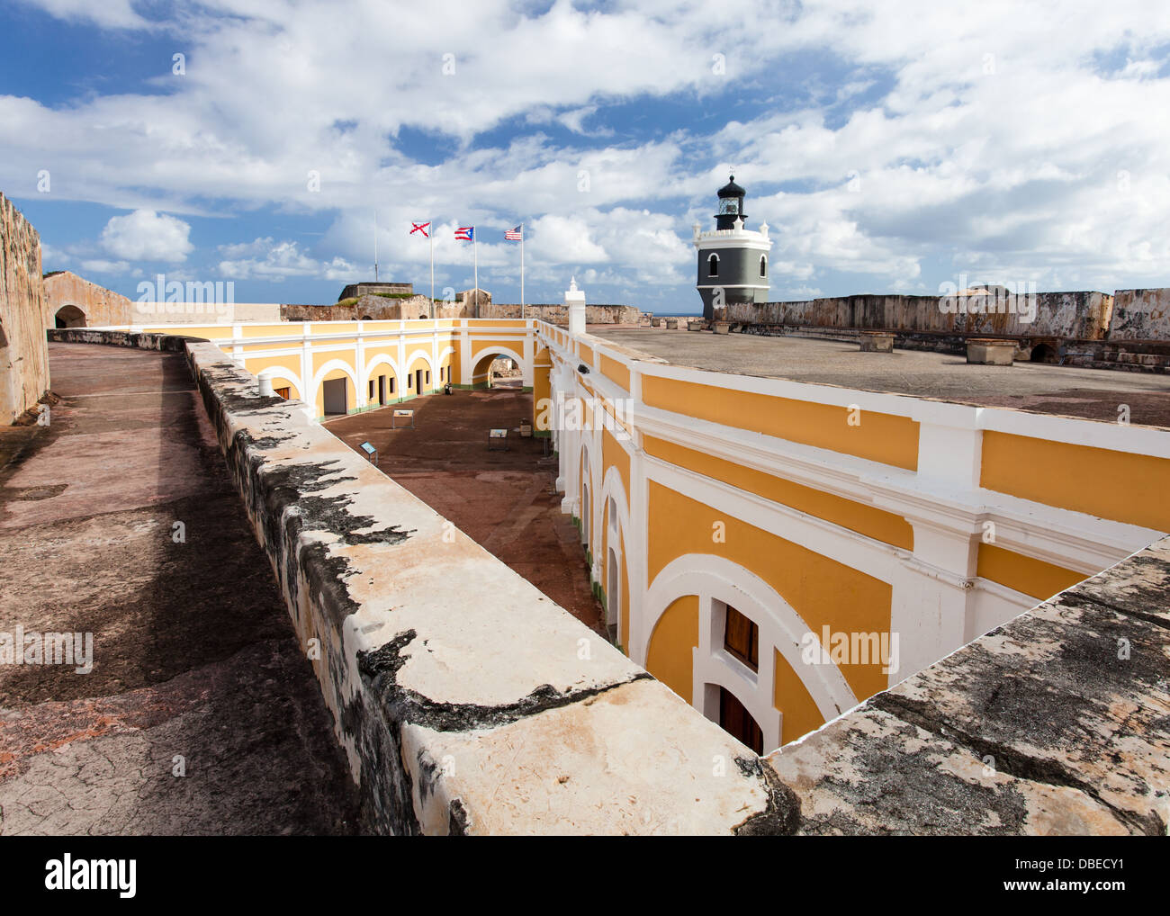 Blick auf die Festung und den Leuchtturm El Morro, San Juan, Puerto. Stockfoto