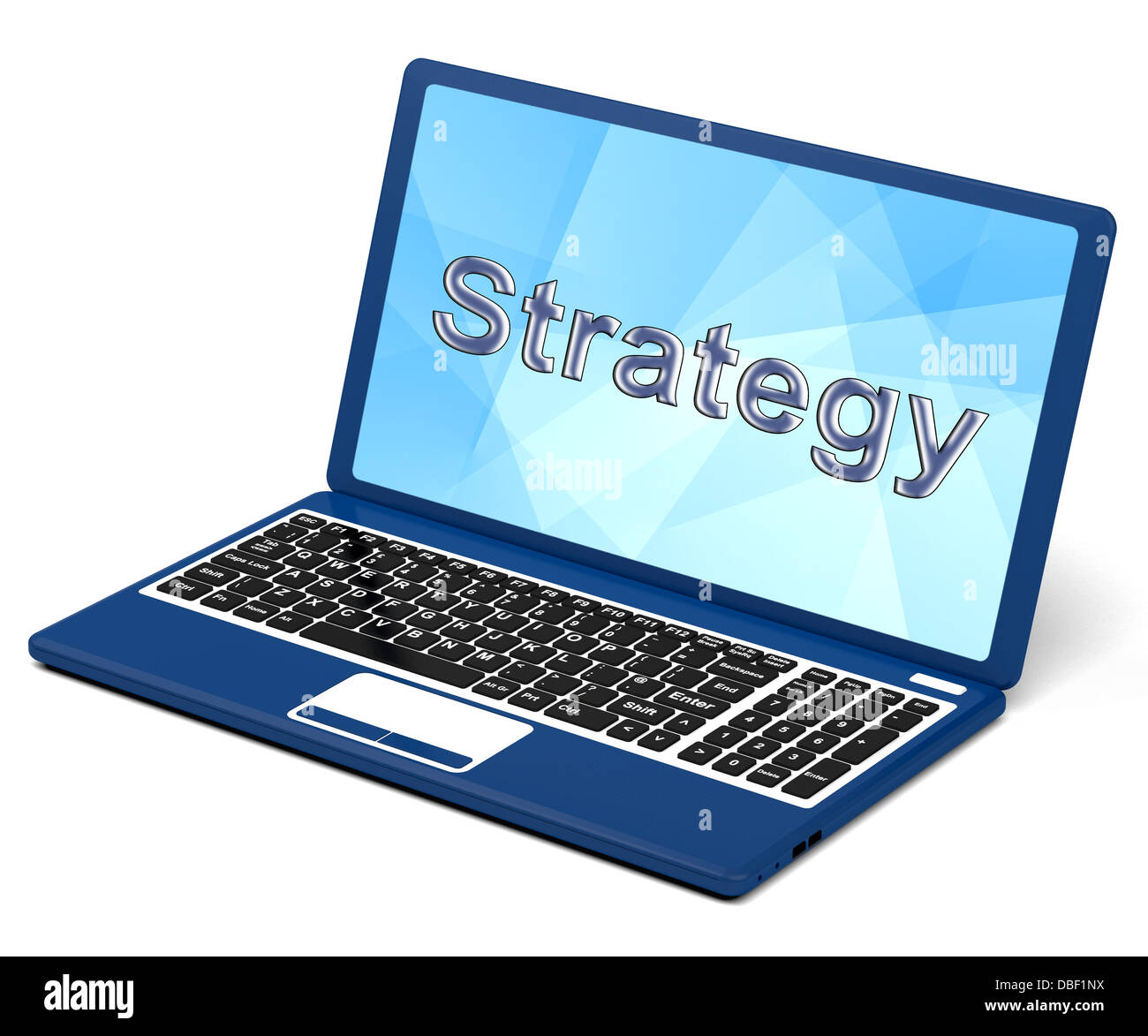 Strategie-Wort auf Laptop mit Teamwork und Planung Stockfoto