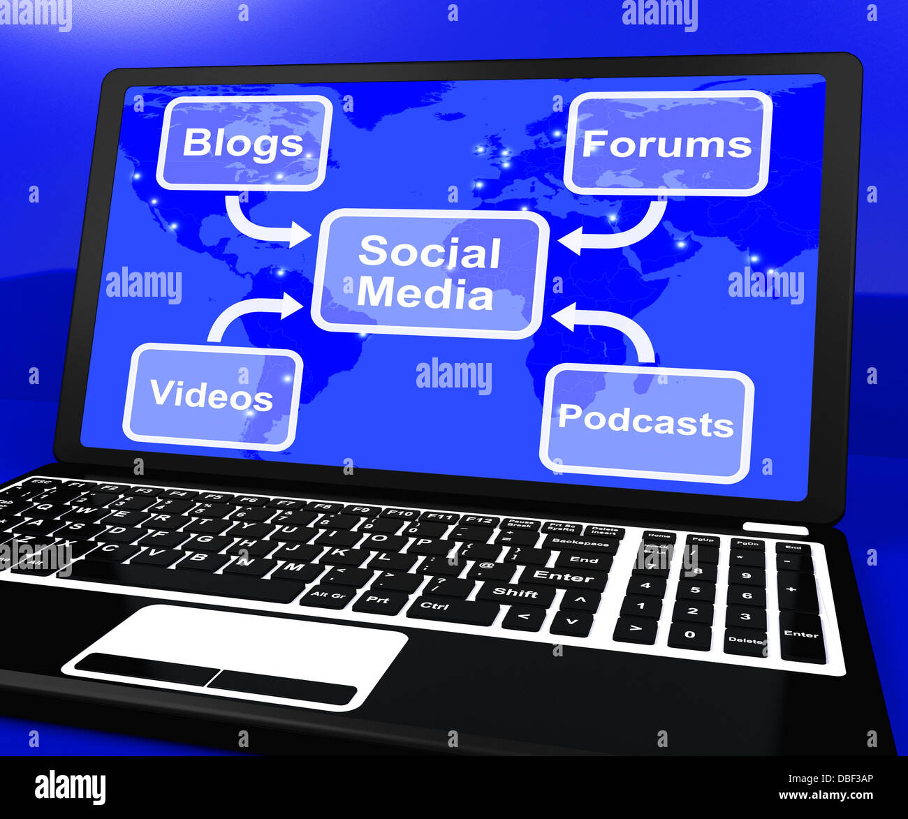 Social-Media-Diagramm auf Laptop zeigt Informationen und Communicati Stockfoto
