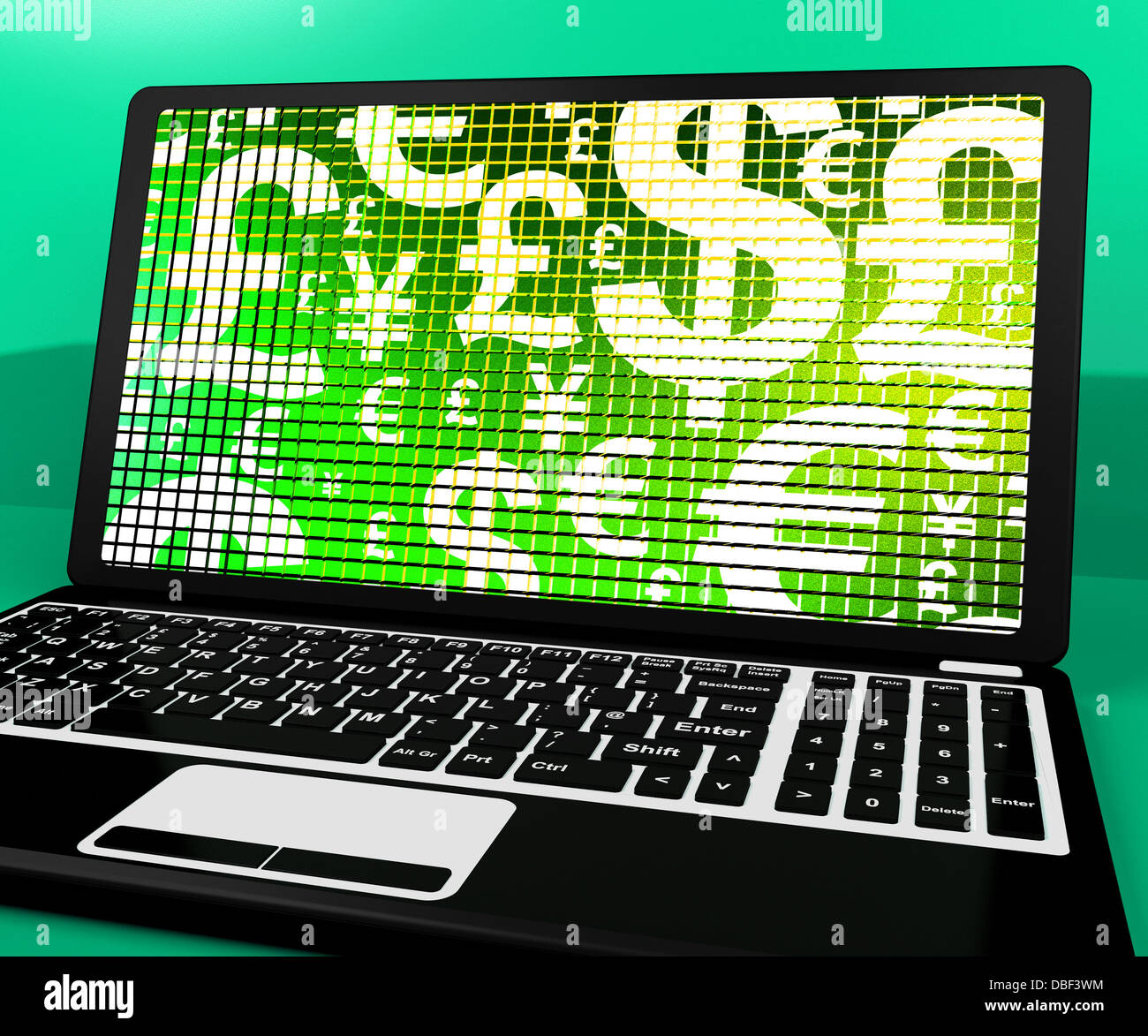 Währungssymbole auf Laptop zeigen Wechselkurs und Finanzen Stockfoto