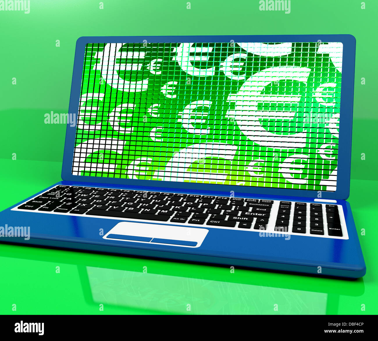 Euro-Symbole auf Laptop mit Geld und Investitionen Stockfoto