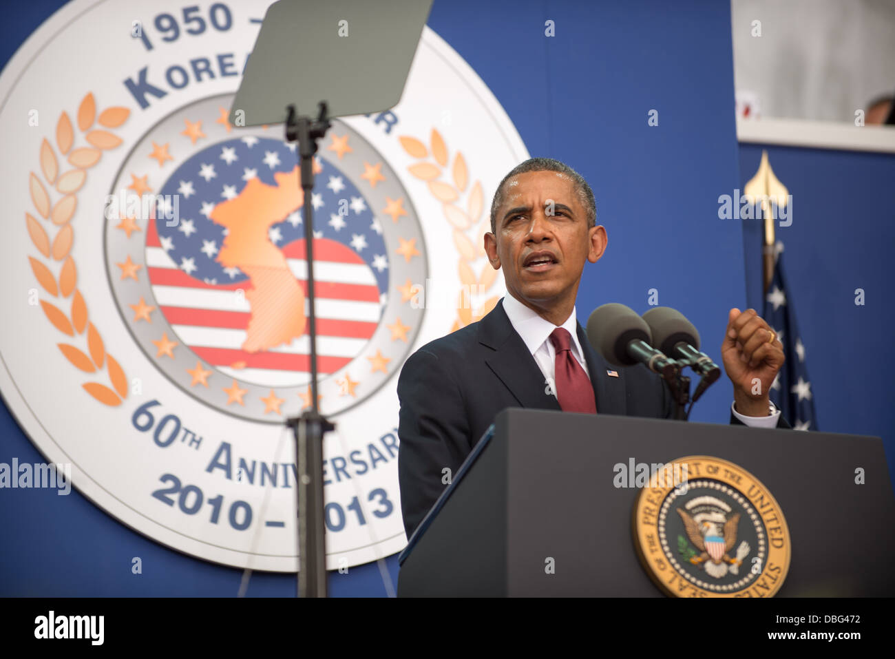 US-Präsident Barak Obama spricht im Rahmen einer Feierstunde zum Gedenken an die Unterzeichnung des koreanischen Waffenstillstand 60 Jahren an das Korean War Memorial in Washington D.C., Samstag, 27 Juli 2013. Stockfoto