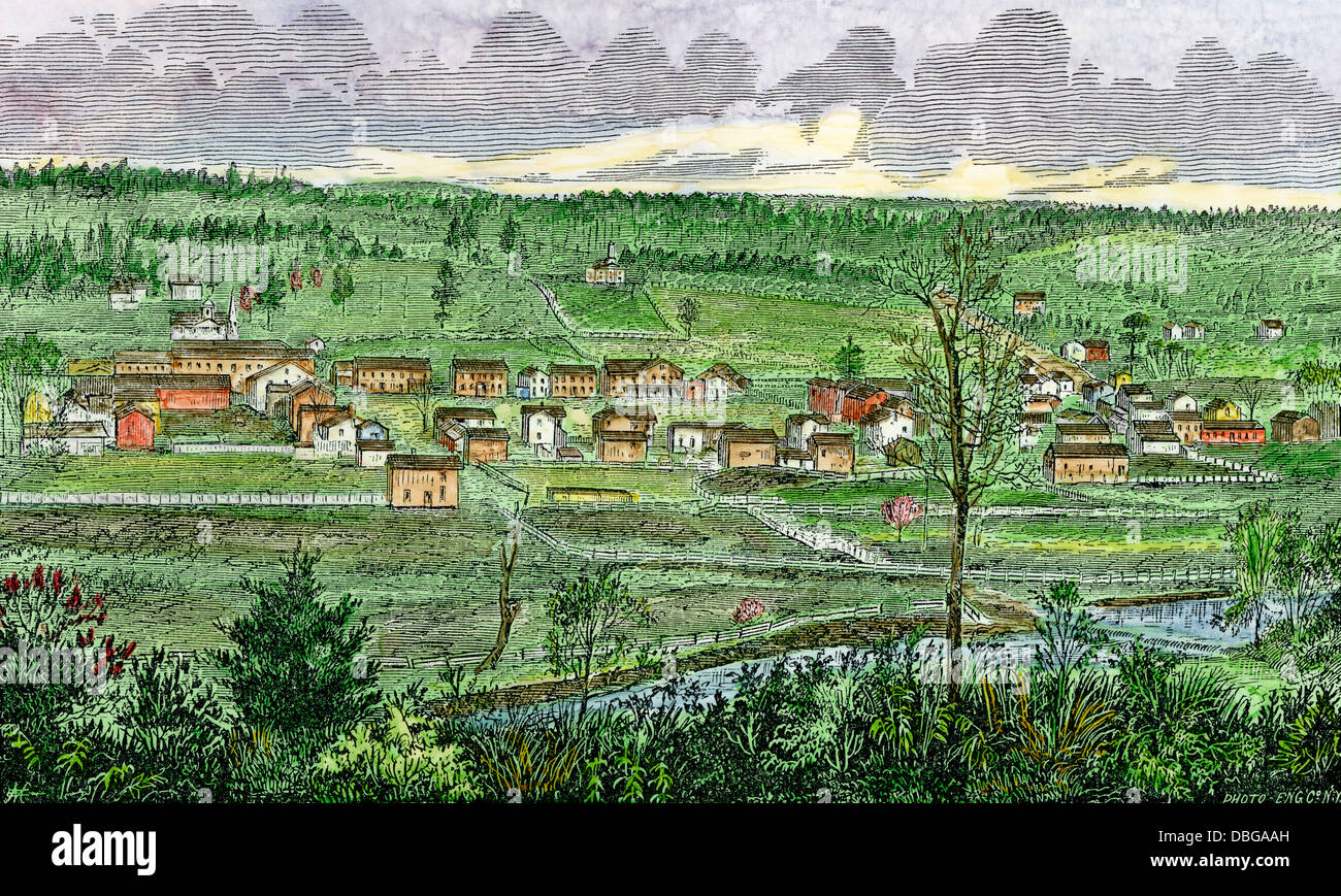 Stadt Punxsutawney, Pennsylvania, wo der Ground Hog Tag begann, 1870. Hand - farbige Holzschnitt Stockfoto