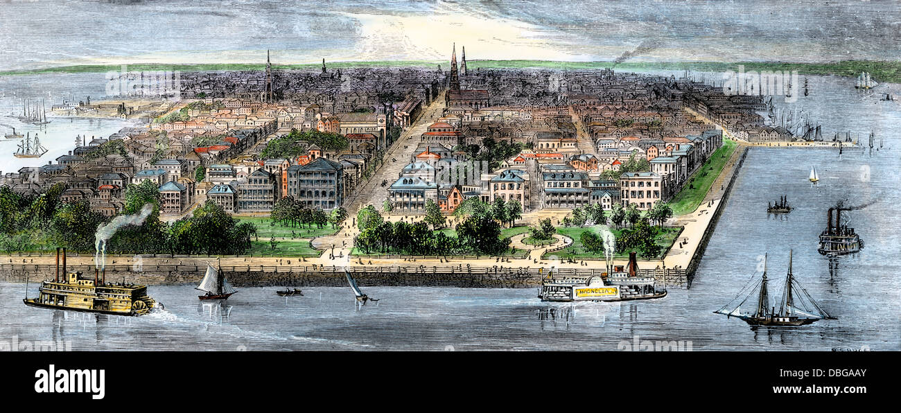 Charleston, South Carolina, vor dem Erdbeben von 1886. Hand - farbige Holzschnitt Stockfoto