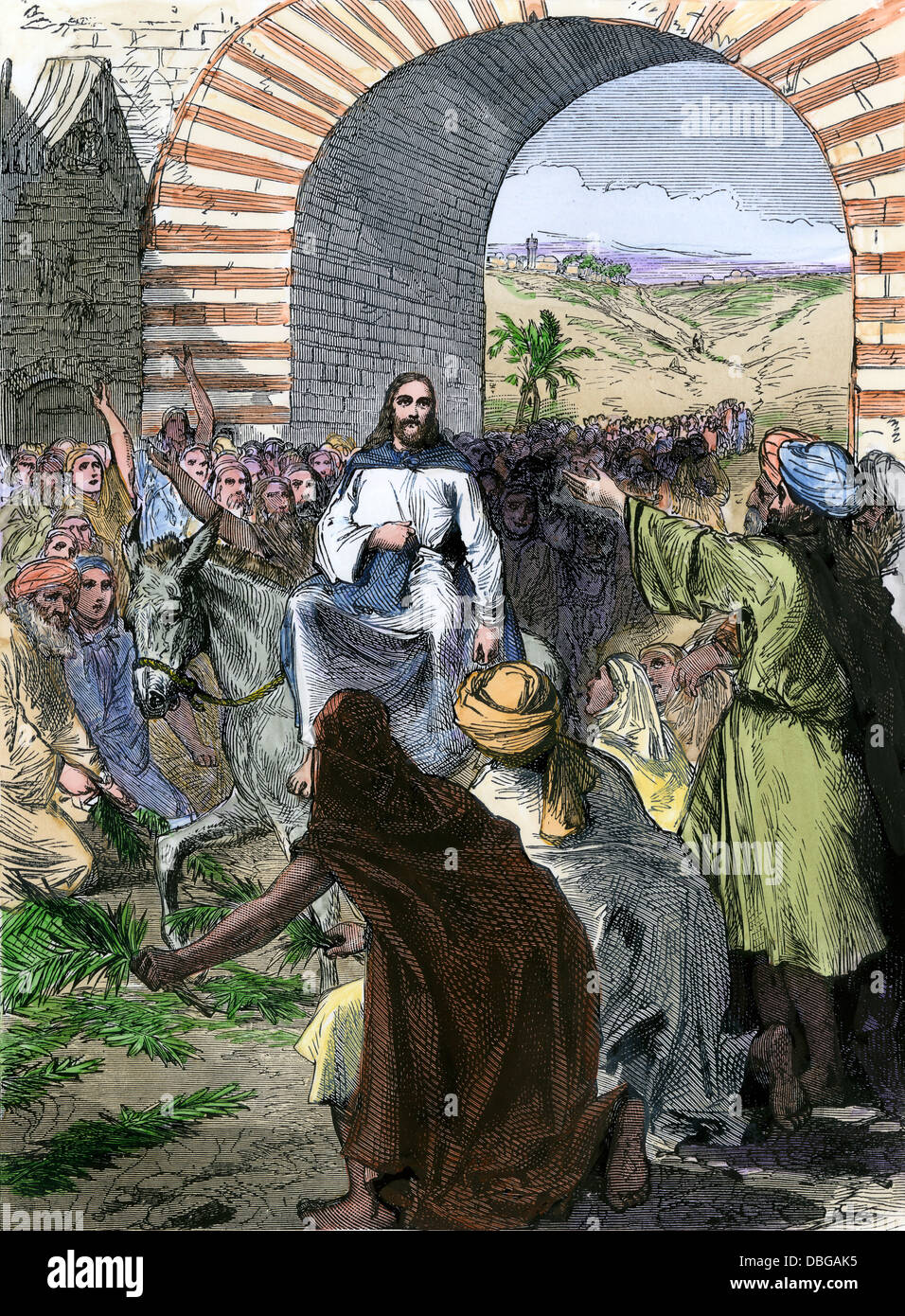 Menschen strewing Palmwedel in die Bahn, wie Jesus auf einem Esel in Jerusalem. Hand - farbige Holzschnitt Stockfoto