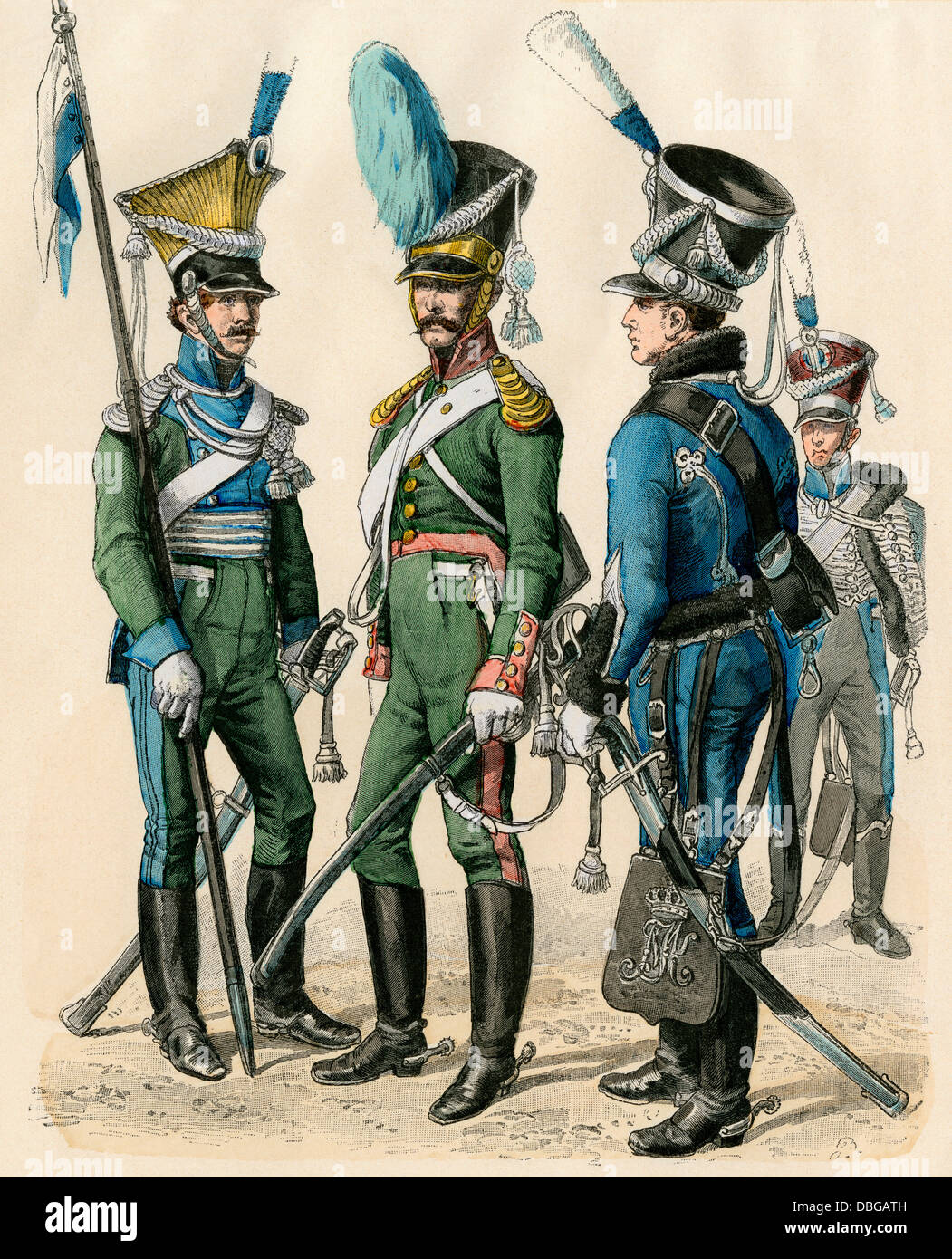 Bayerische militärische Uniformen, Anfang 1800: Lancer, kavallerist und Husar (links-rechts). Hand-farbig drucken Stockfoto
