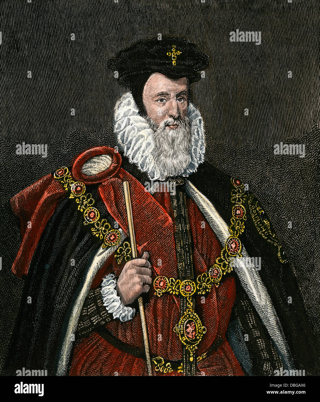 William Cecil, Staatssekretär unter Elizabeth I. in der Hand - farbige Gravur Stockfoto
