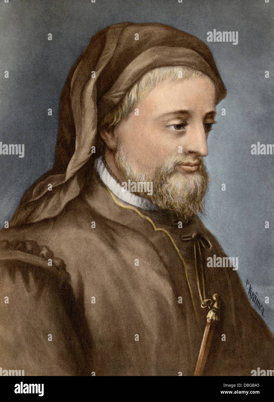 Geoffrey Chaucer. Handcolorierte photogravure von einem Gemälde Stockfoto Geoffrey Chaucer. Handcolorierte photogravure von einem Gemälde Stockfoto
