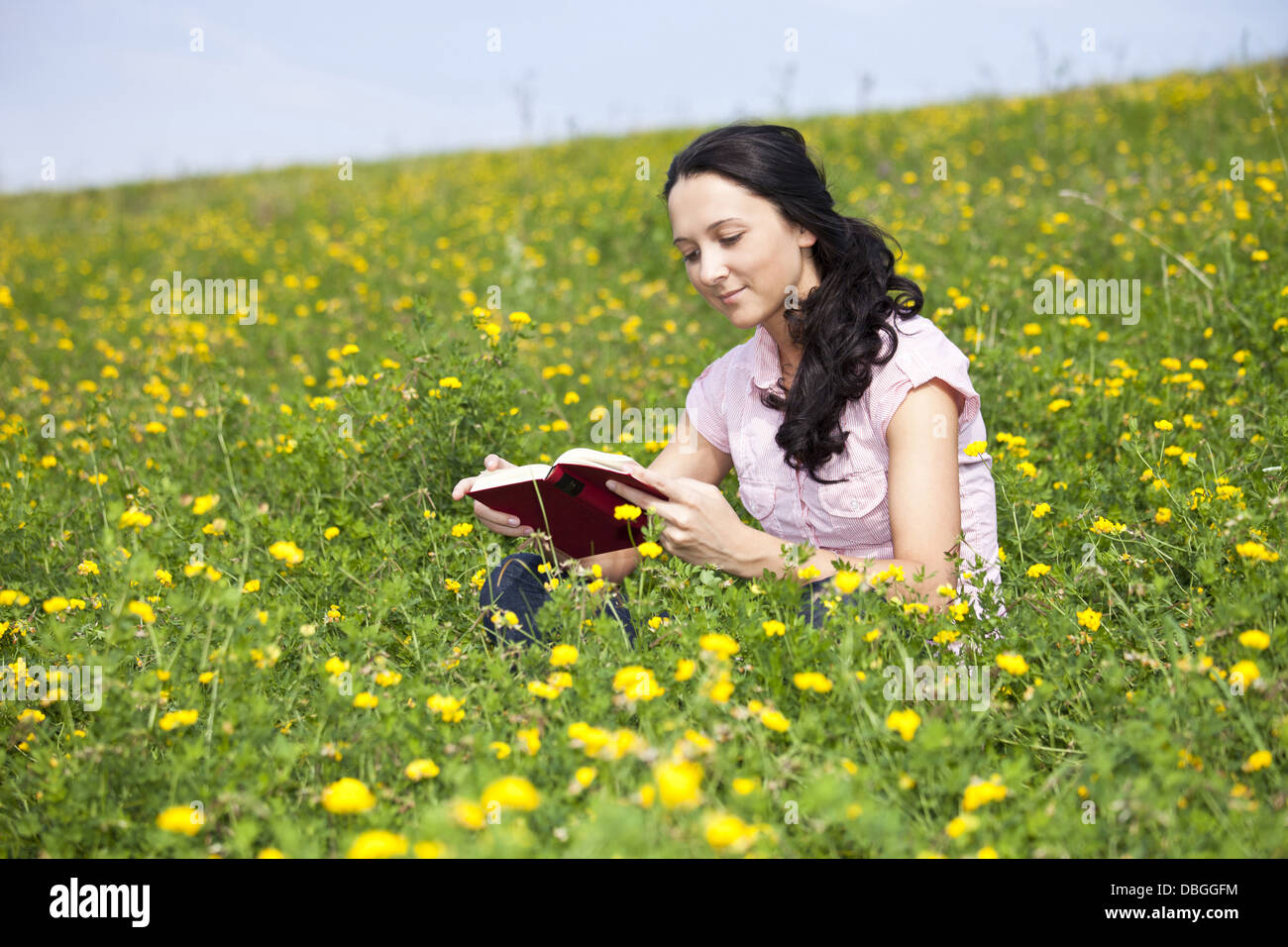 Junge dunkelhaarige Mädchen auf einer Wiese sitzen und ein Buch zu lesen Stockfoto