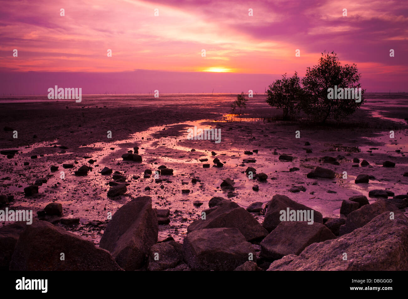 Sonnenuntergang in Sabak Bernam, Malaysia Stockfoto