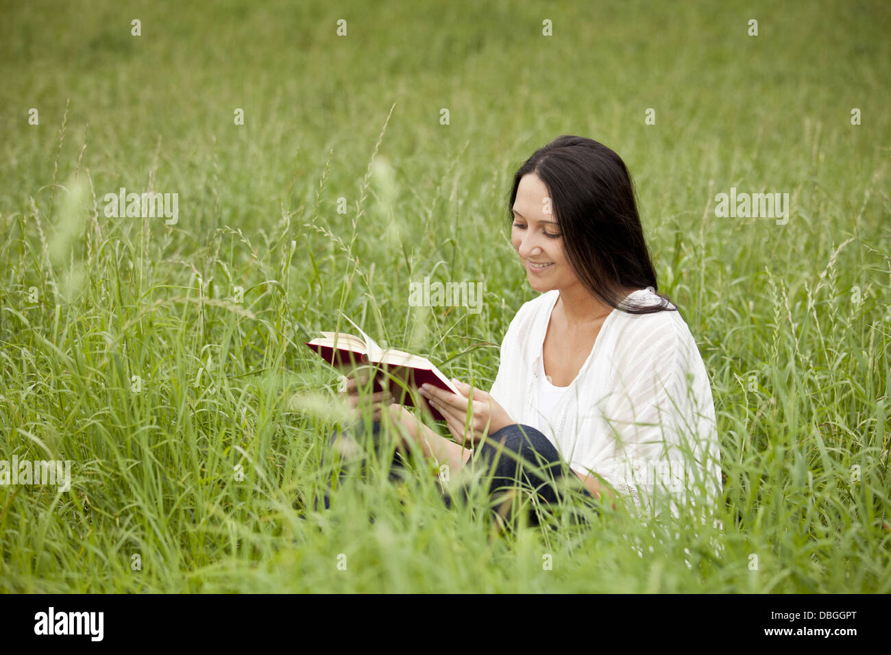 Junge dunkelhaarige Mädchen auf einer Wiese sitzen und ein Buch zu lesen Stockfoto