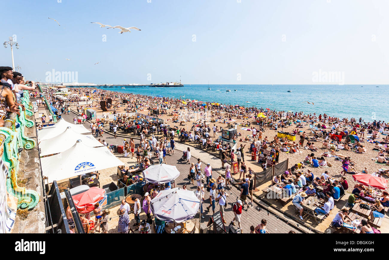 Beschäftigt direkt am Meer und Strand, Brighton, England, UK Stockfoto