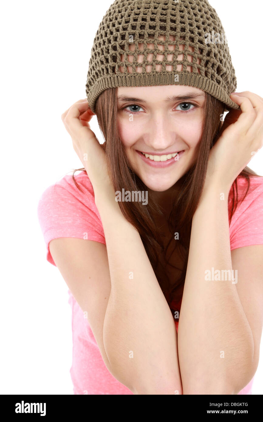 Nahaufnahme von Tween Mädchen lächelnd mit Hut Stockfoto