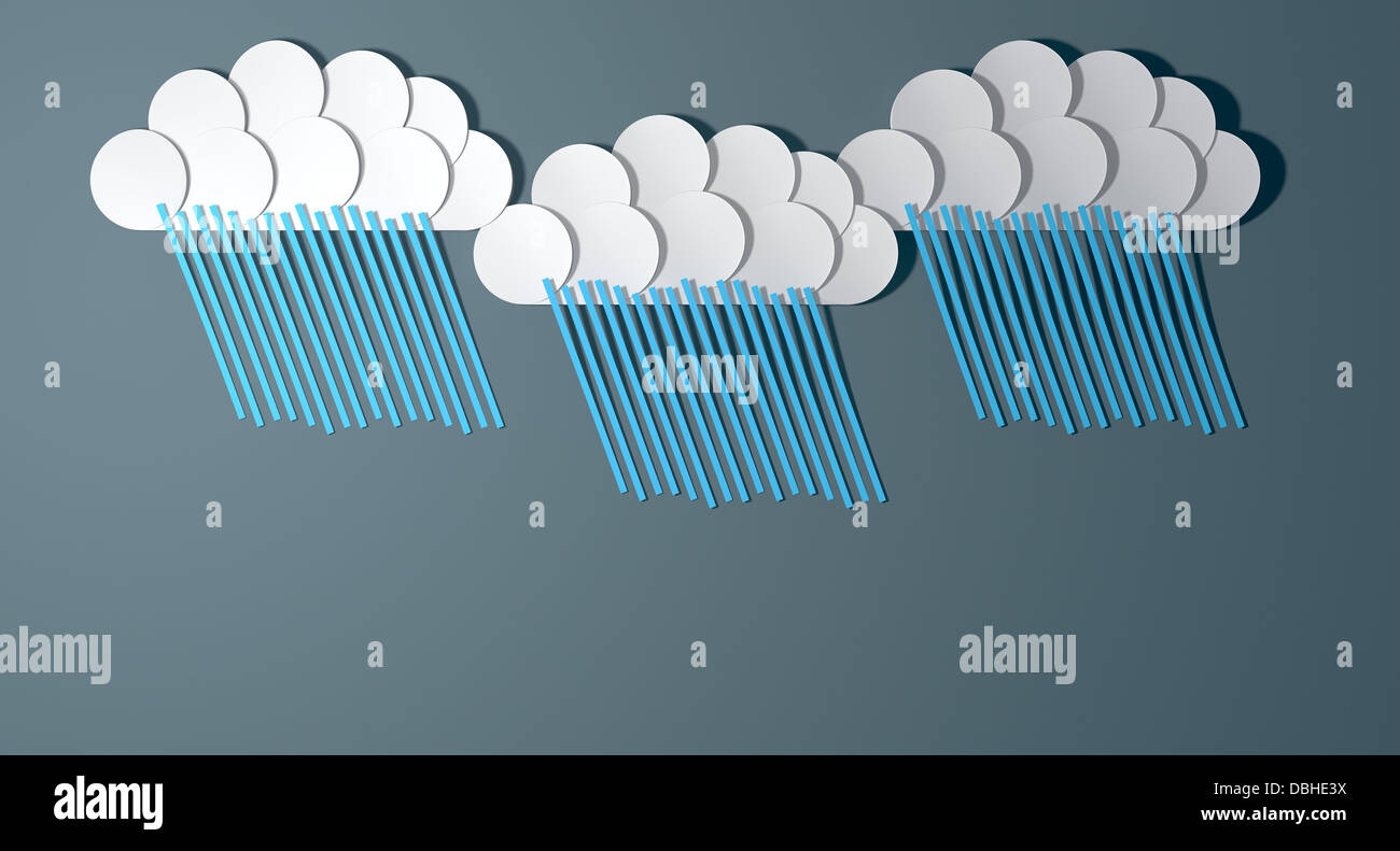 Eine Reihe von drei Büttenpapier Regenwolken auf graues Papierhintergrund isoliert jede regnet, blaue Linien des Regens Stockfoto