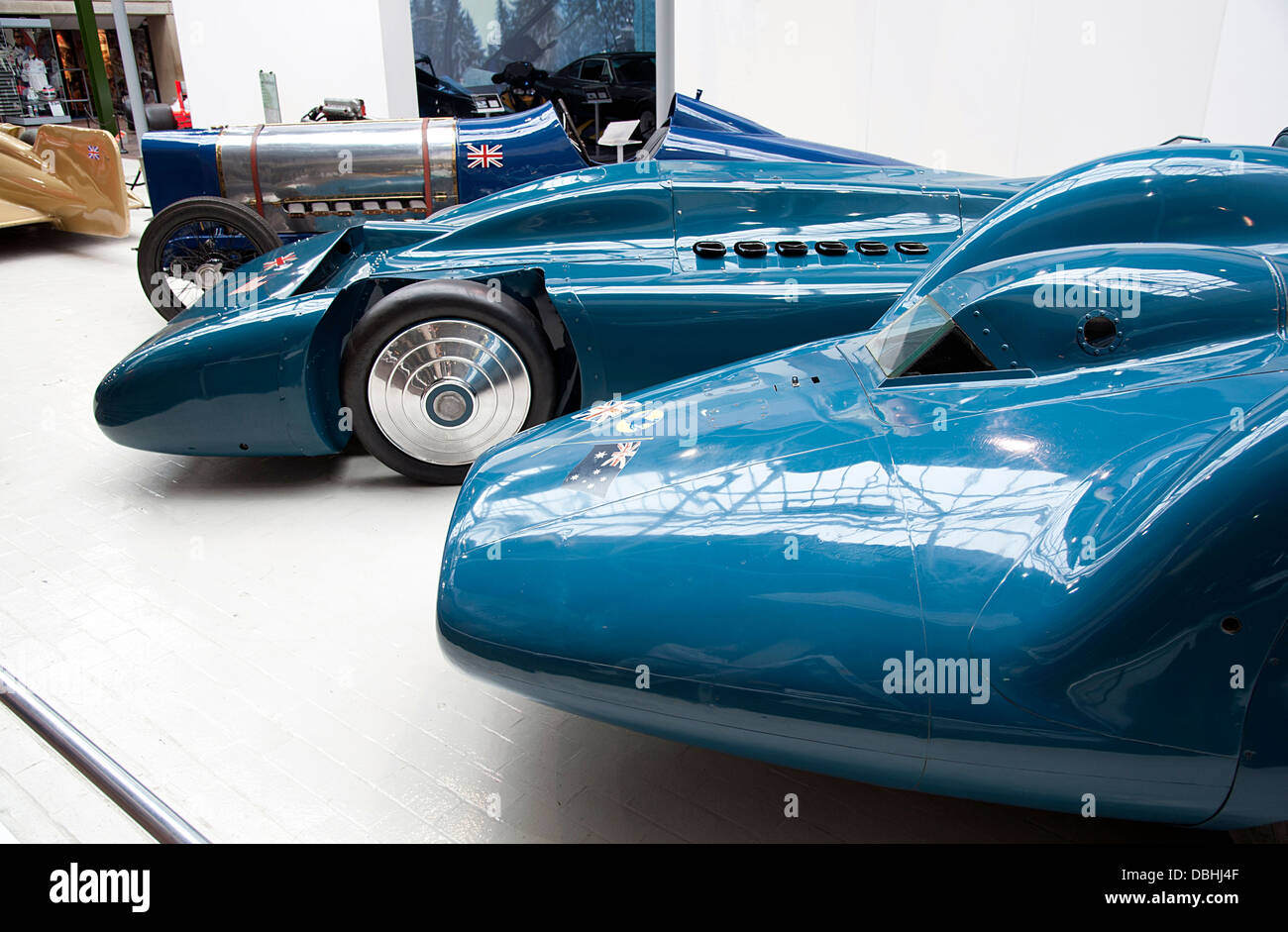 1920 Sunbeam 350PS mit 1935 Blue Bird V und Bluebird CN7 1960 zusammen in das National Motor Museum in Beaulieu 2013 Stockfoto