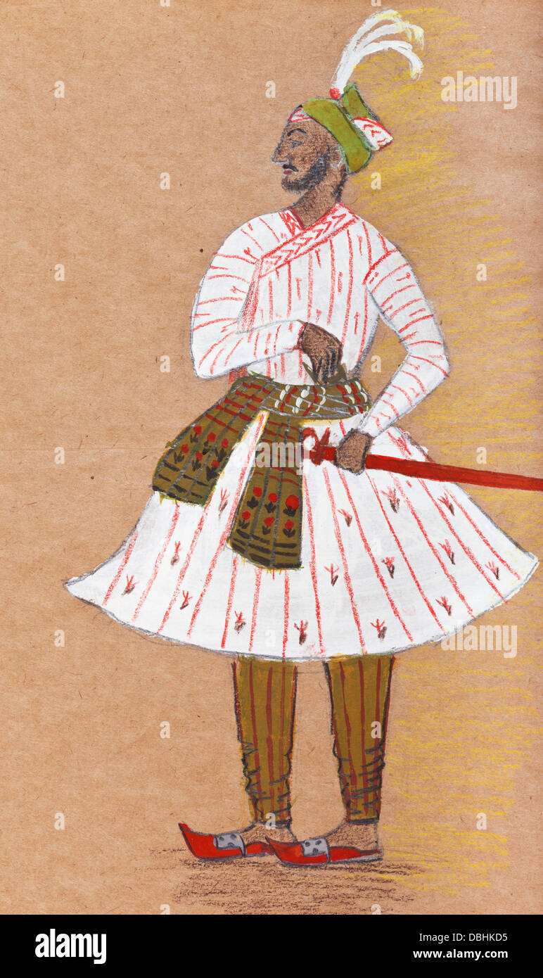 historische Kleidung - indischen Krieger im traditionellen dress stilisierte unter dem indischen Miniatur 17. Jahrhundert Stockfoto
