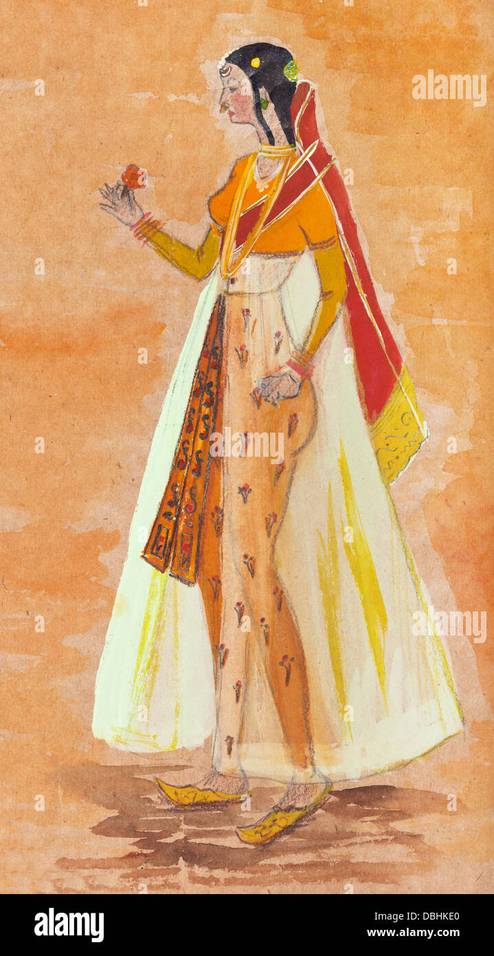 historische Kleidung - Stil indische Frau in einem transparenten Kleid wie eine indische Miniatur aus dem 17. Jahrhundert Stockfoto
