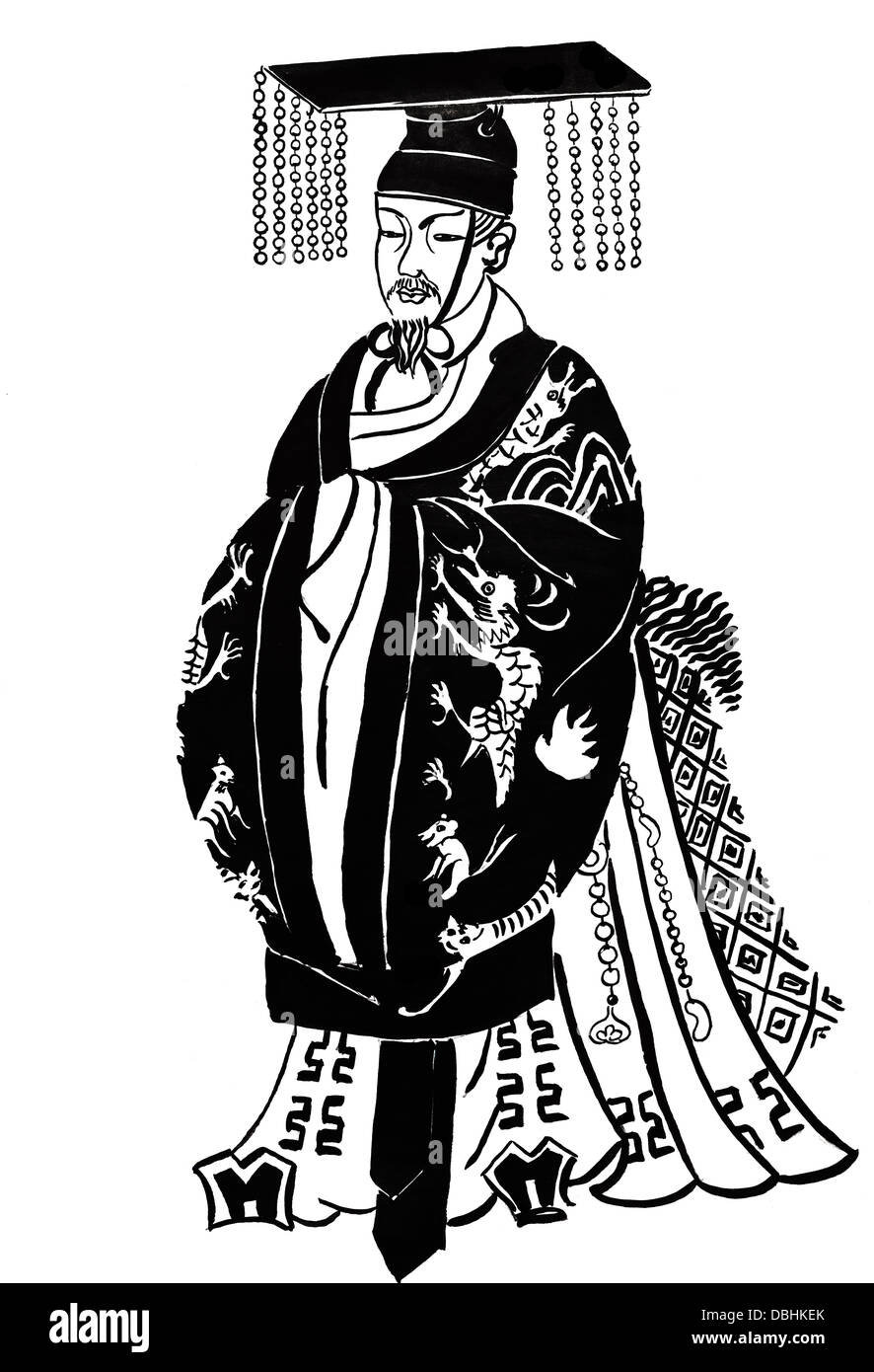 historische Kleidung - druckt die stilisierte Abbildung des chinesischen weisen Mann in traditioneller Kleidung aus dem alten chinesischen Stockfoto