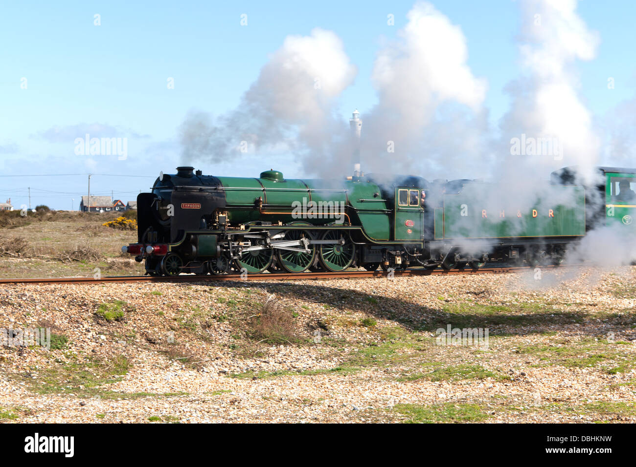 Rommey Hythe & Dymchurch Railway Dampf Lok Nr. 7 Taifun bei Dungeness Station Stockfoto