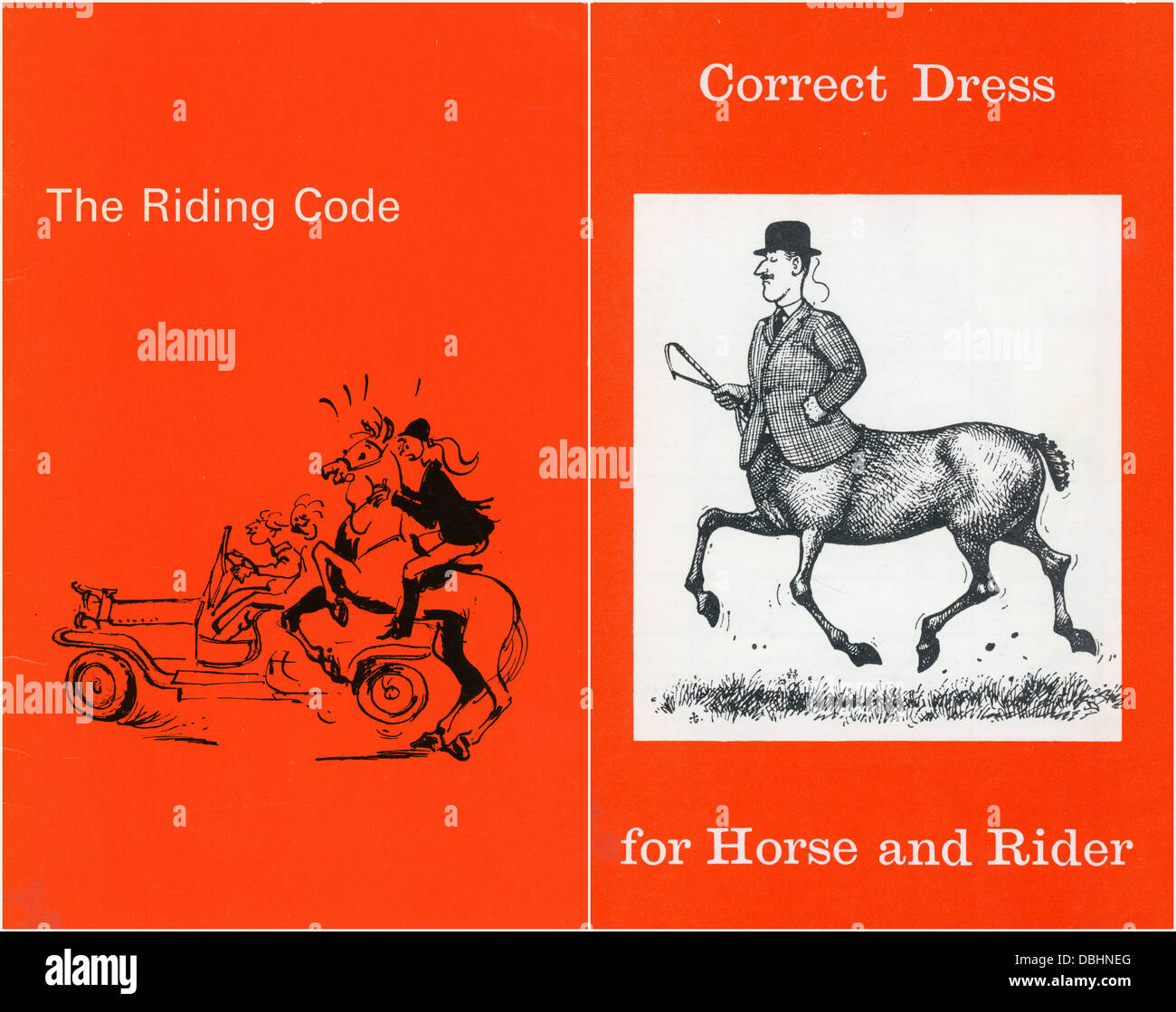 Korrigieren Sie Kleid für Pferd und Reiter Pamphlet von Moss Bros und The Riding Code mit Illustrationen von Thelwell Stockfoto