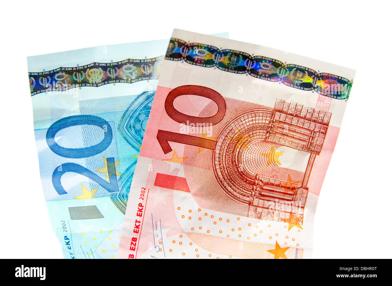 Zwei Noten von 10 und 20 Euro auf weißem Hintergrund Stockfoto