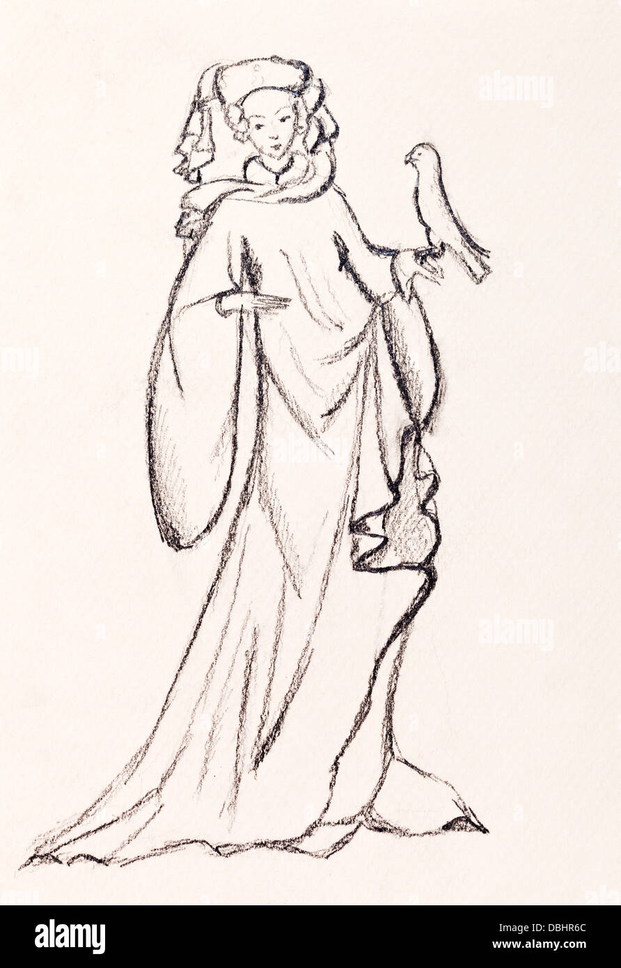 historische Kostüm - gotische Frau in Frankreich Anfang des 15. Jahrhunderts Stockfoto