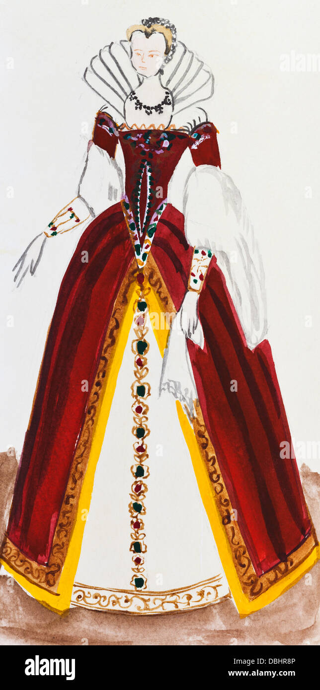 historische Kostüm - königliche Frauentracht in Frankreich Ende des 16. Jahrhunderts Stockfoto