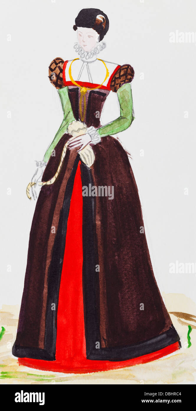 historische Kostüm - Anzug Stadt Frau in Paris Frankreich im späten 16. Jahrhundert Stockfoto