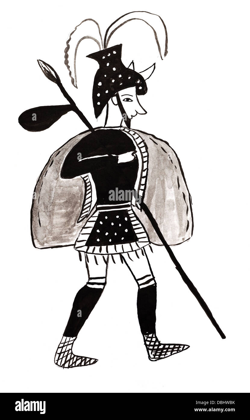 historische Kostüm - Krieger aus Mykene - Ägäis Krieg Rüstung, gestylt bemalte Vase 12. Jahrhundert v. Chr.. e. Stockfoto