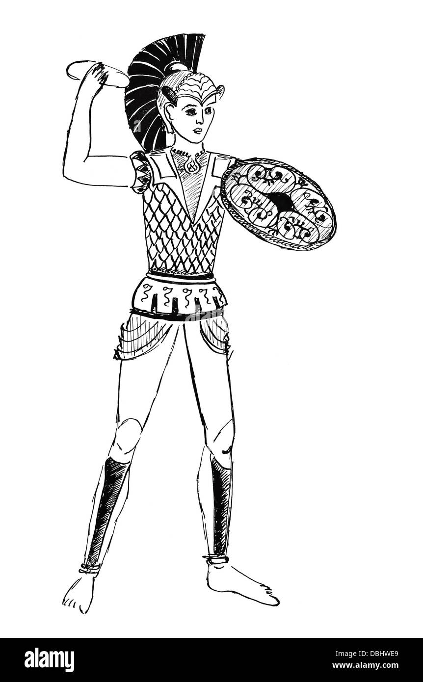historisches Kostüm - styled etruskische Krieger mit einer Bronzestatue des 6. Jahrhunderts v. Chr. Stockfoto