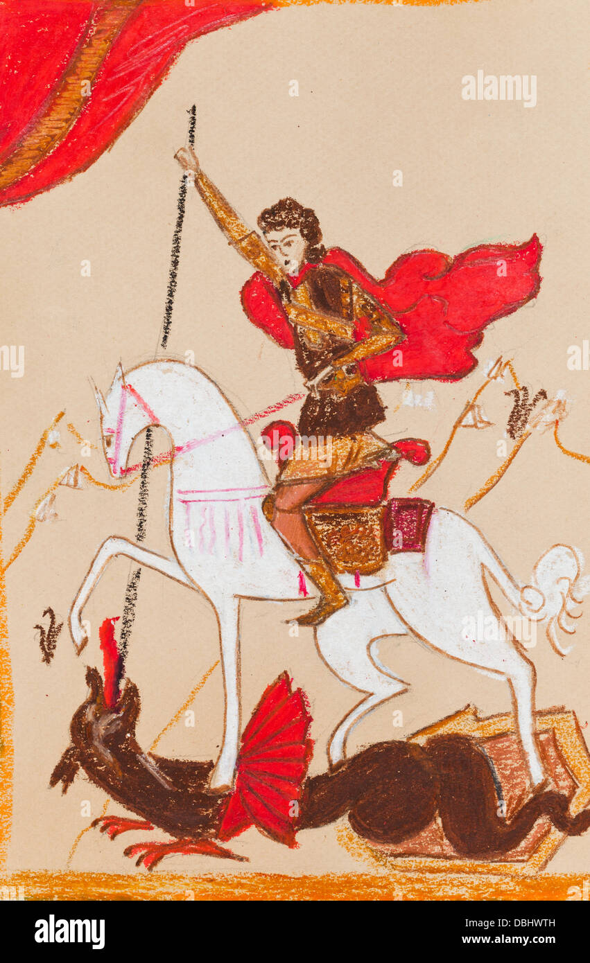 historische Kostüm - russische Ritter in einen roten Mantel stilisierte Ikone aus dem 14. Jahrhundert, Russland Stockfoto