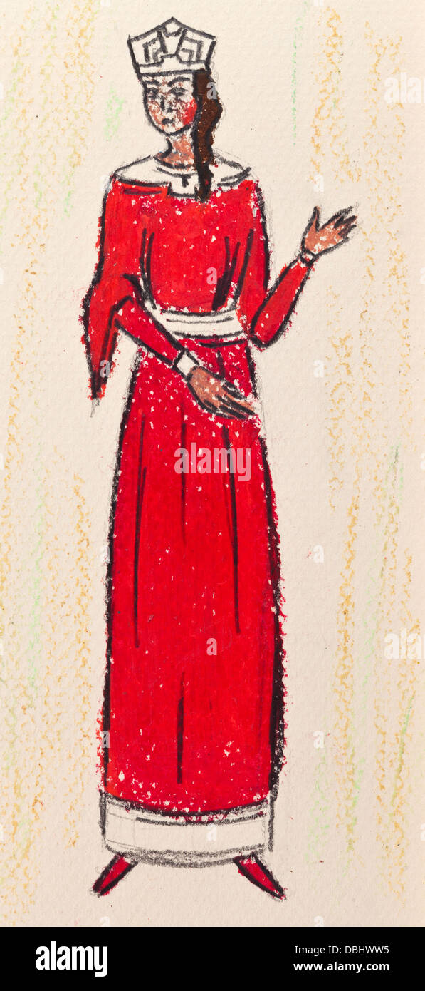 historische Kostüm - junge Frau in einem roten Kleid, Nowgorod, Russland 14. Jahrhundert Stockfoto