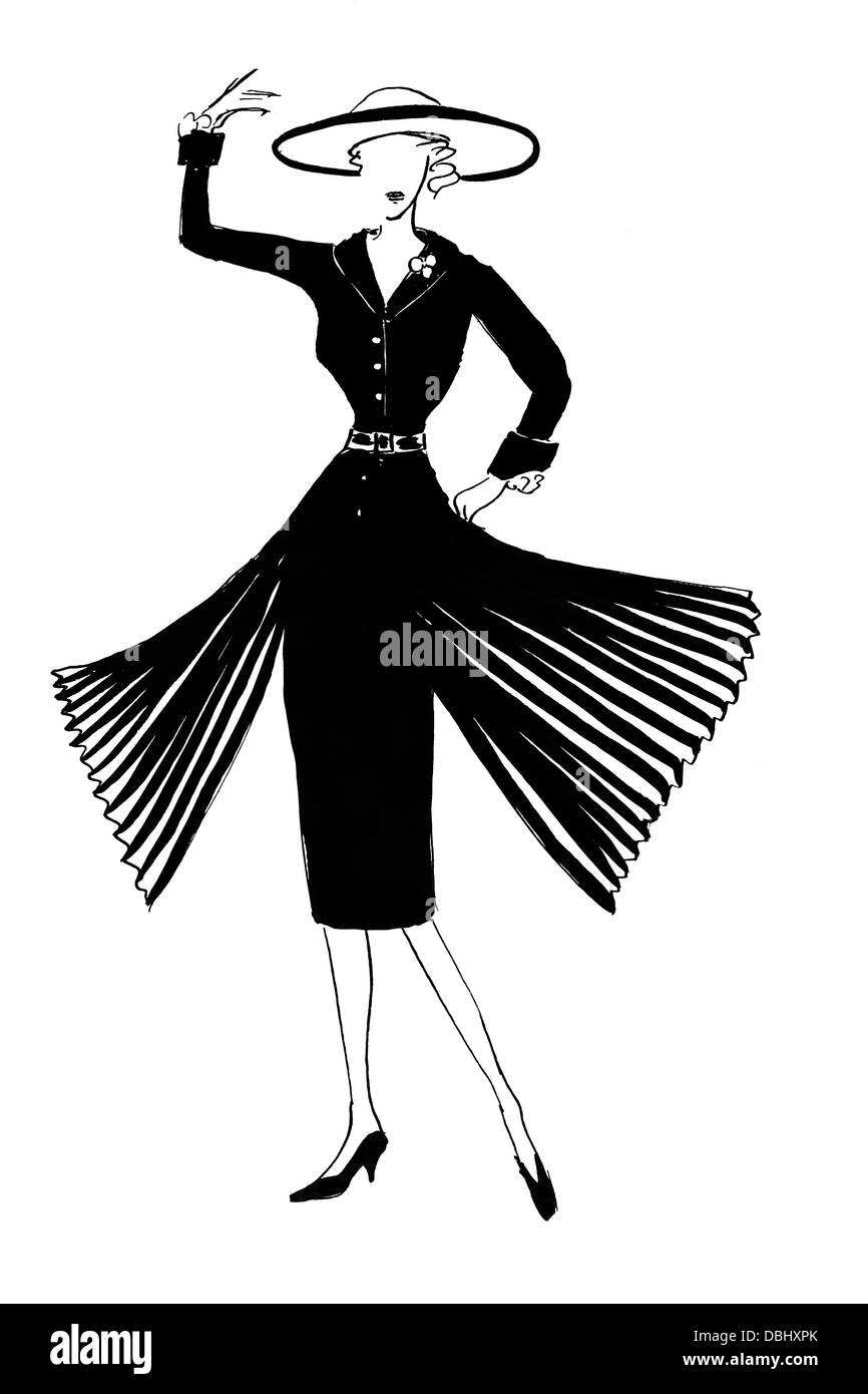 Mode des 20. Jahrhunderts - dunkle Seidenkleid mit Ärmeln und Faltung im 50. Jahre Stockfoto