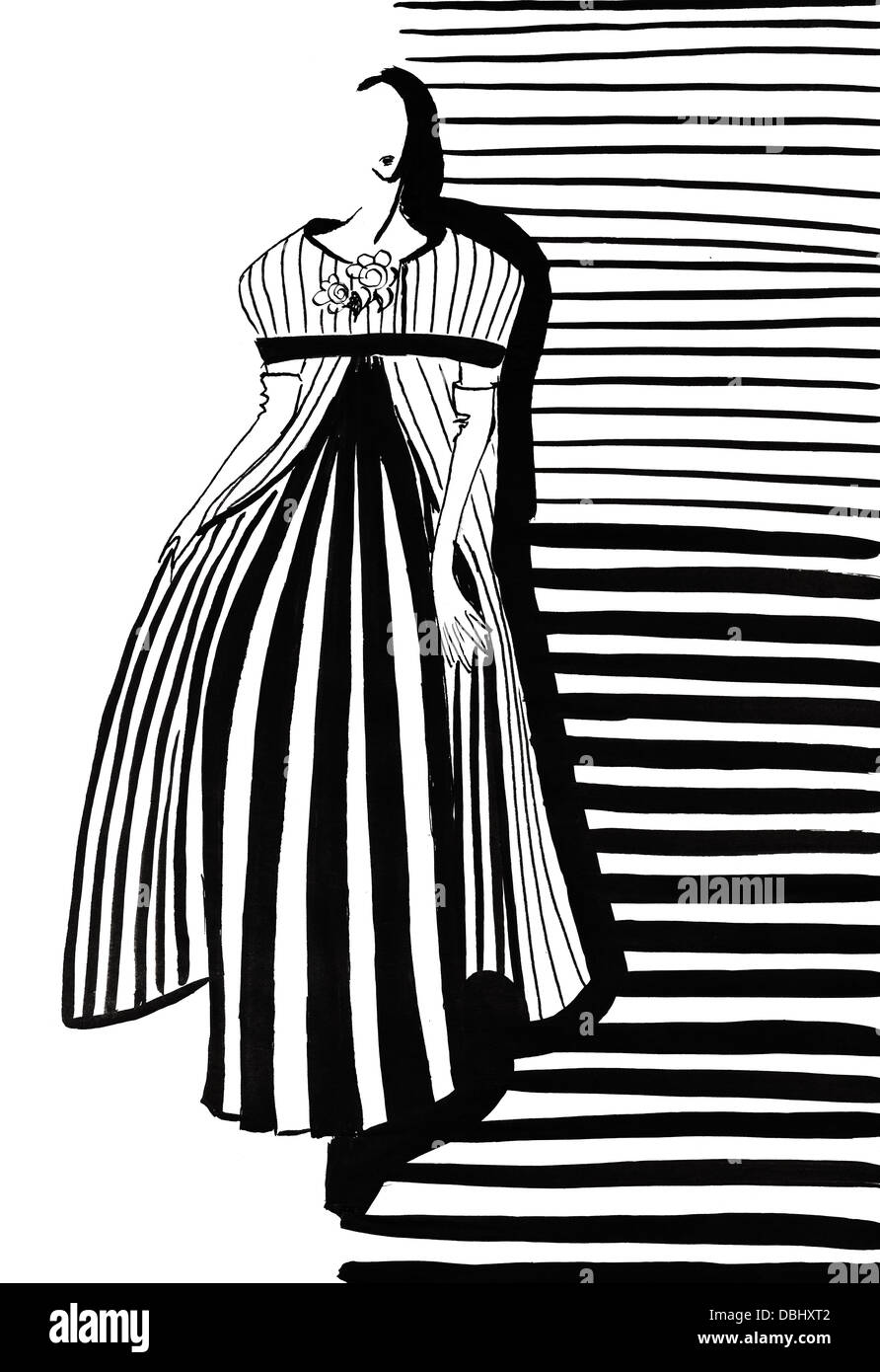 Mode des 20. Jahrhunderts - Frau im grauen Mantel und Kleid mit Plissee in 60 Jahre Stockfoto