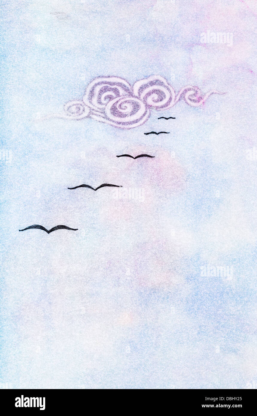 Vogelschwarm in blauen Himmel gemalt auf Transparentpapier Stockfoto