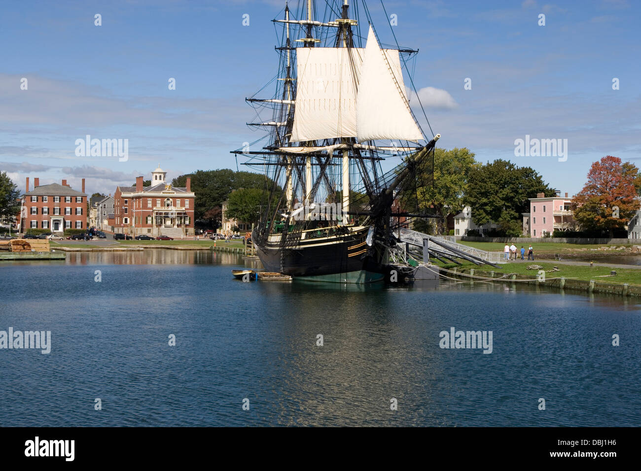 Salem Maritime National Historic Site / Derby Wharf & Nachbildung der Ostindienfahrer "Freundschaft" Stockfoto