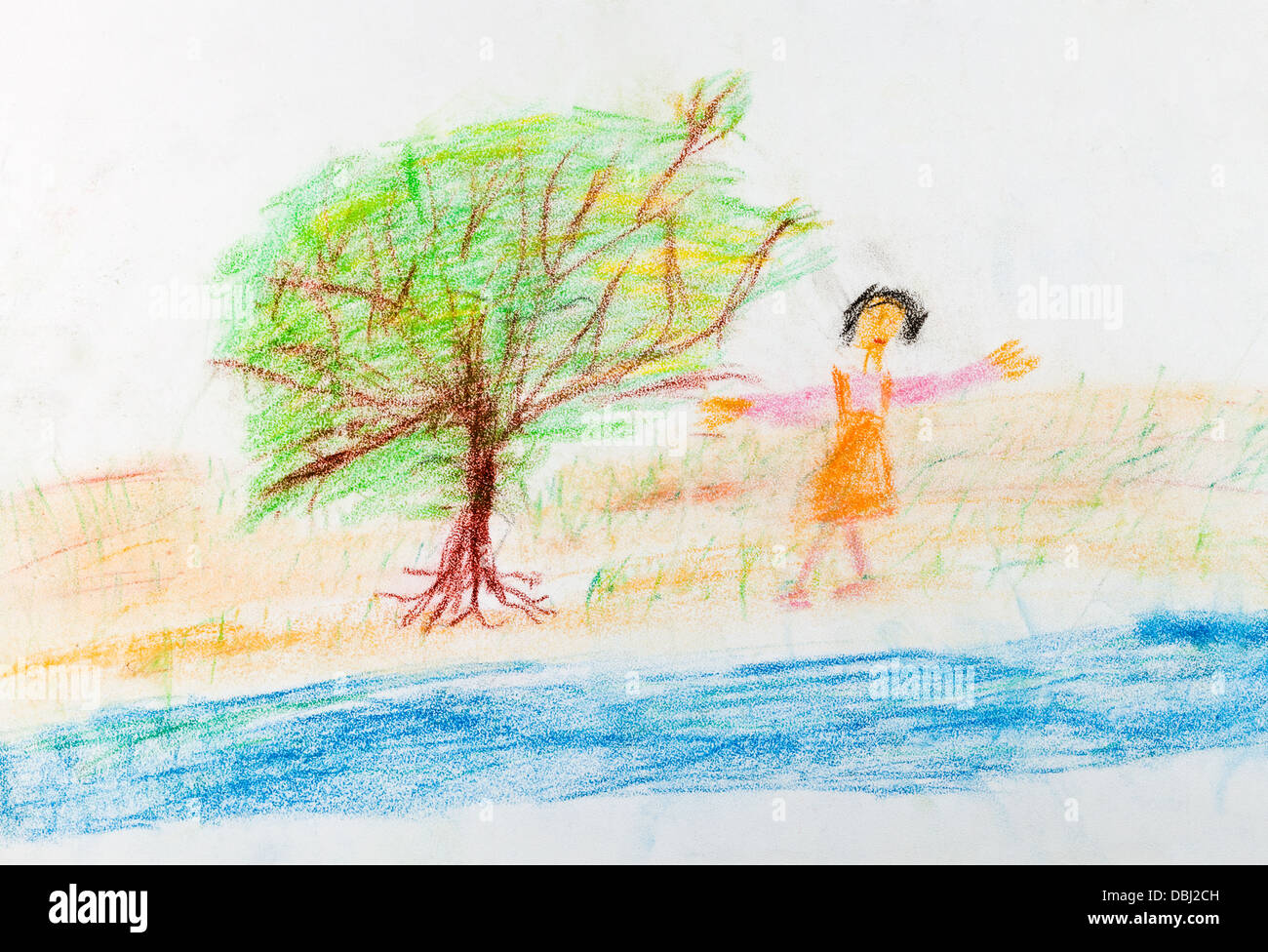 Kinder Zeichnen Frohliche Madchen In Der Nahe Fluss Im Garten Stockfotografie Alamy