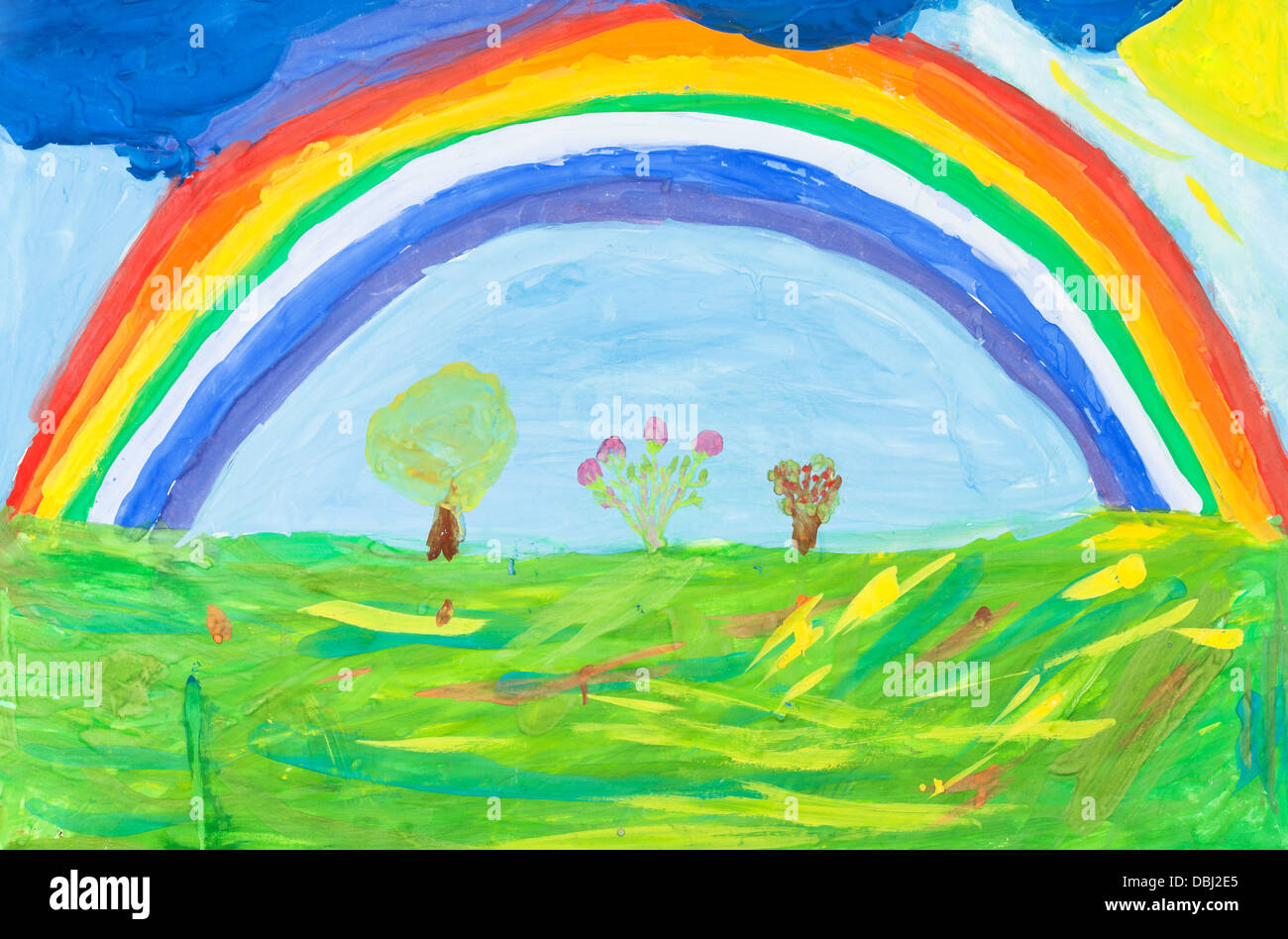 Kinder malen - Regenbogen im blauen Himmel unter grüne Erde