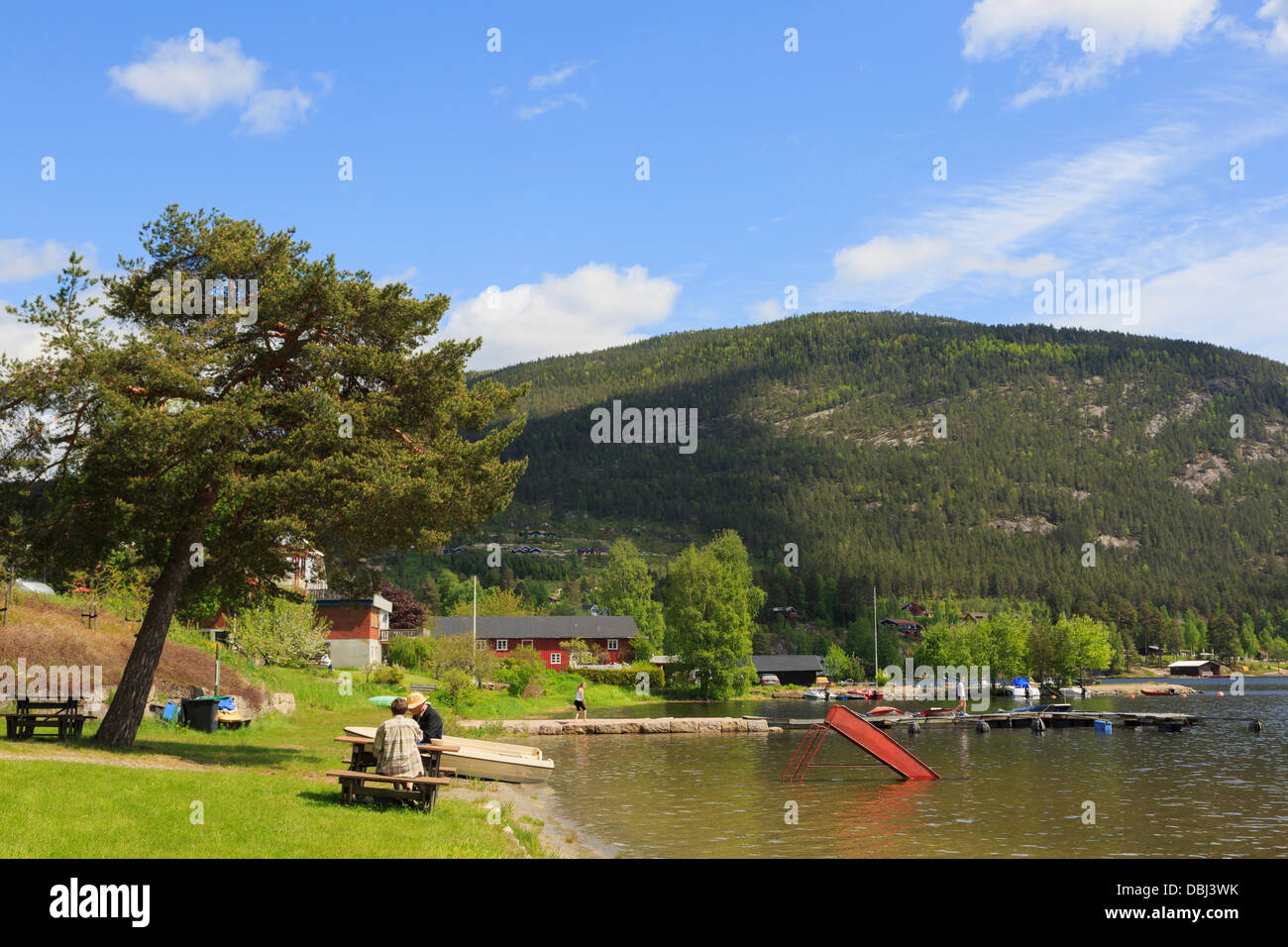 Touristen an Picknicktischen am Ufer des Sees Vravatn im Dorf Vrådal, Telemark Grafschaft, Süd-Norwegen, Scandinavia Stockfoto