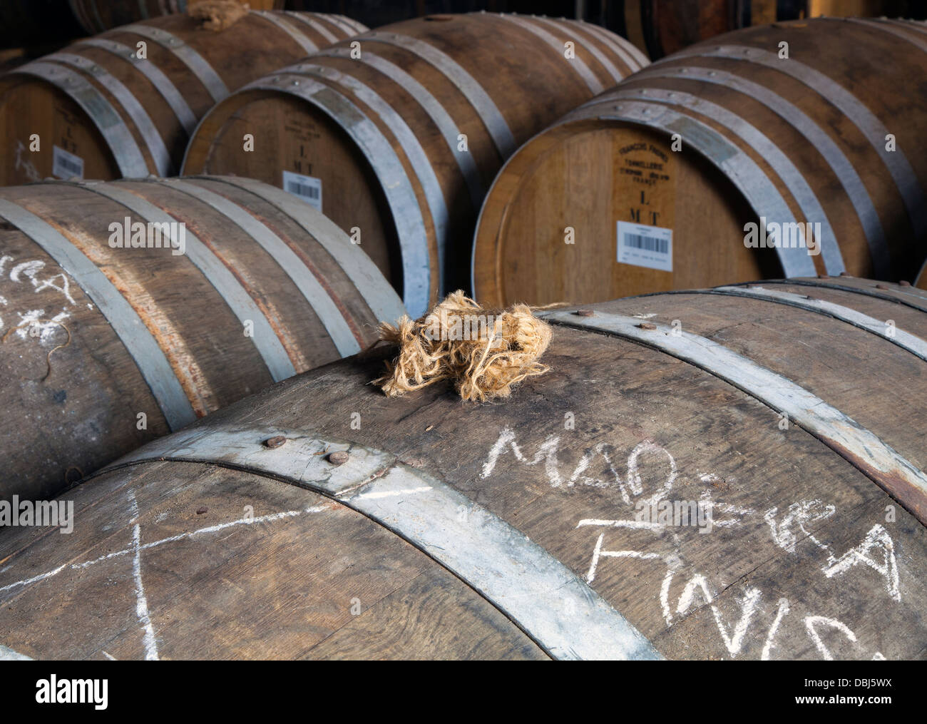 Glen Moray Distillery Plugged hessischen schottischen Whisky Fässer, Schottland, UK Stockfoto