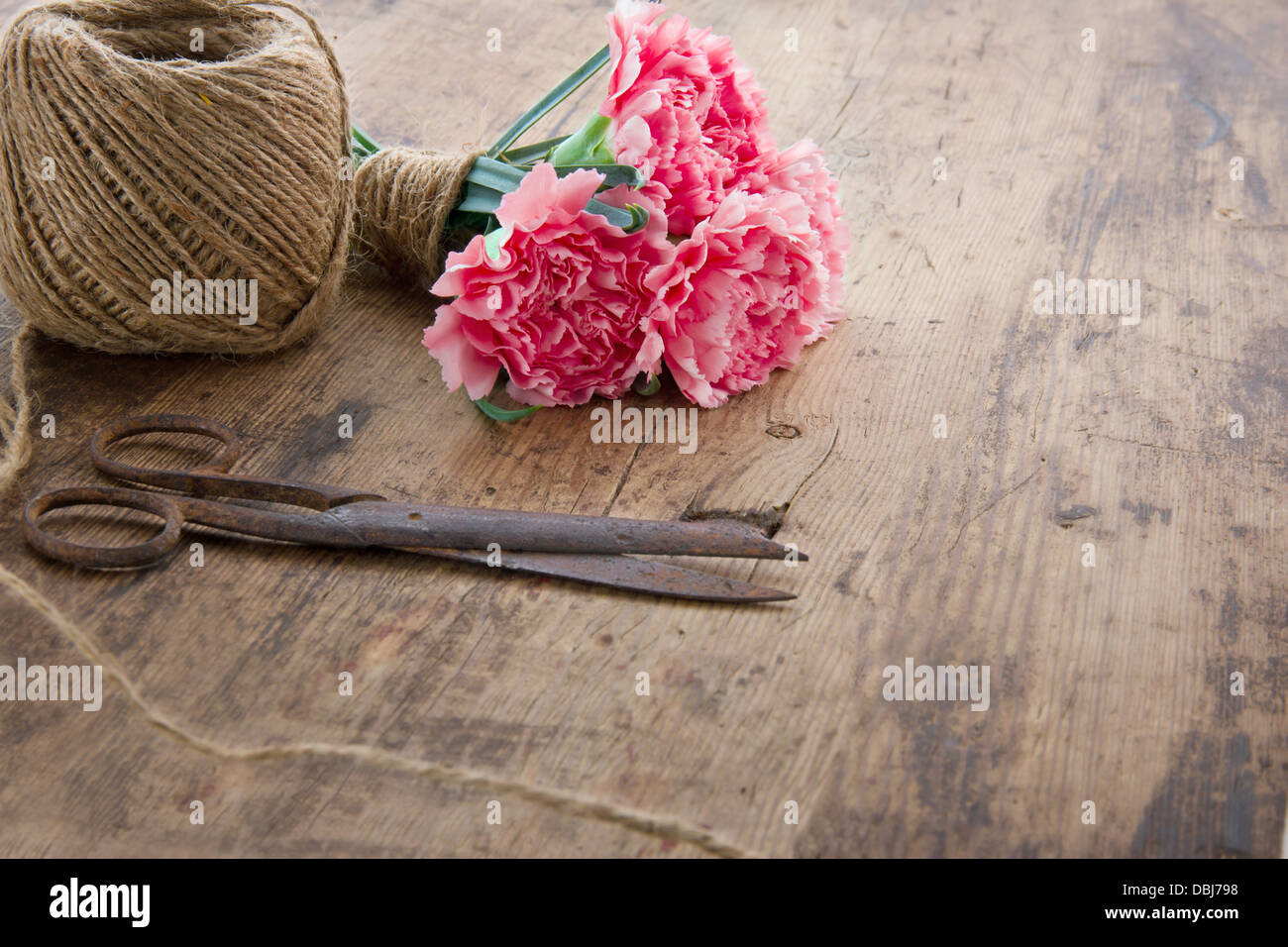 Blumenstrauß rosa Nelke mit alten rostigen antike Schere und Ball braune Schnur Stockfoto