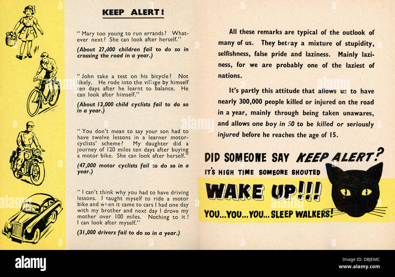 Königliche Gesellschaft für die Verhinderung von Unfällen Broschüre, undatiert, aber wahrscheinlich der 1950er Jahre, Warnung vor Gefahren während der Fahrt schlafen Stockfoto