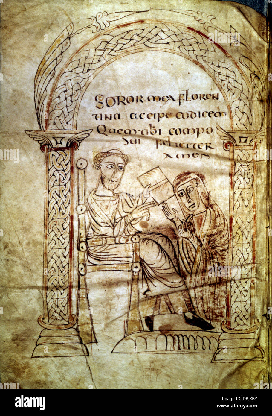 Isidor von Sevilla, ein Buch zu seiner Schwester Florentine geben Stockfoto