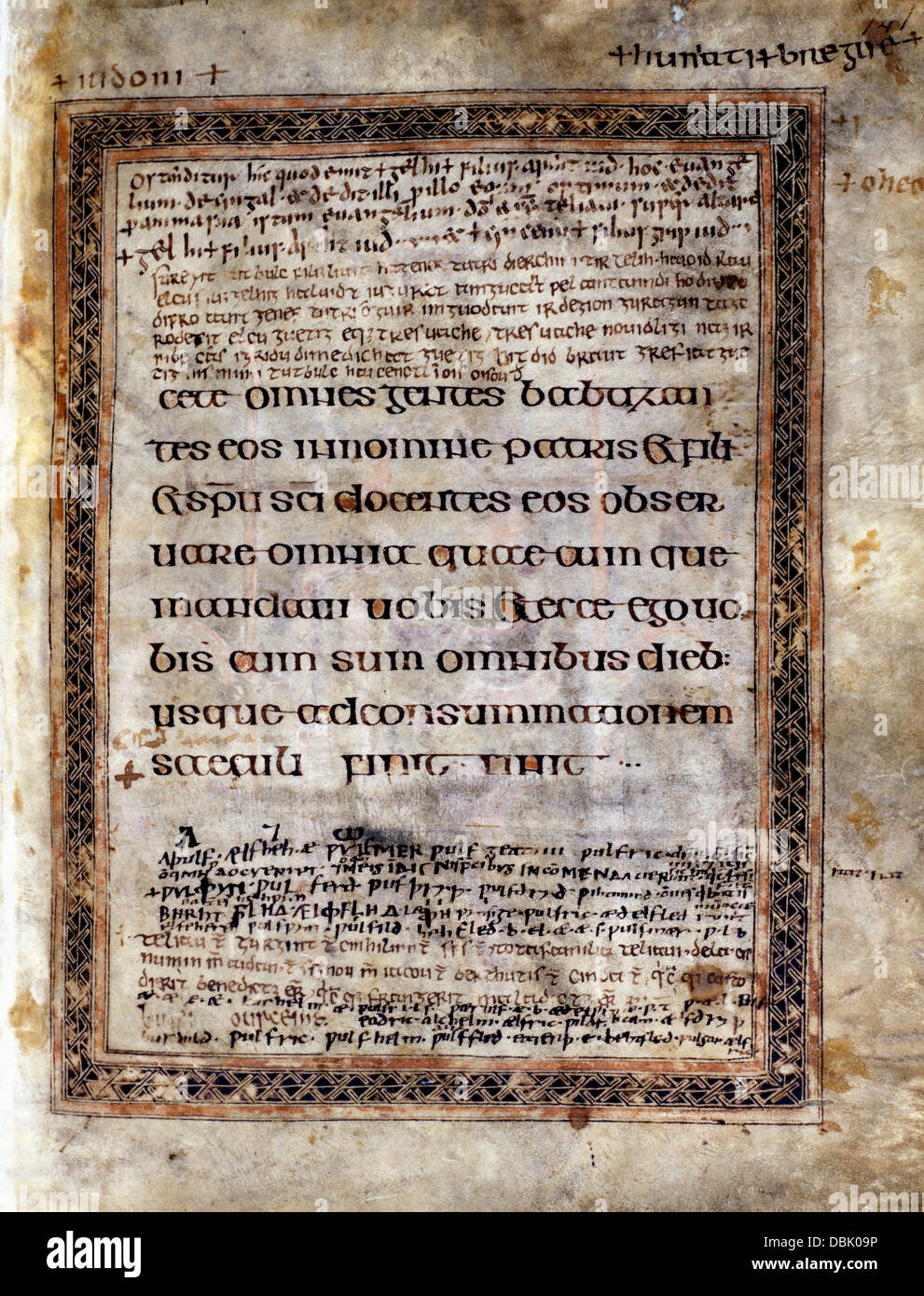 Lichfield Evangelien 720-730 n. Chr., letzte Seite von St Matthew, Seite 141, Geschenk Deed-Seite Stockfoto