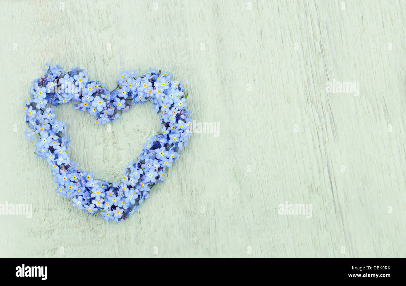Blumenkranz von Vergissmeinnicht auf grünem Hintergrund aus Holz in Herzform Stockfoto