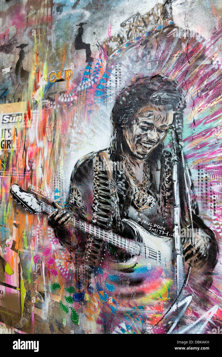 Jimi Hendrix-Graffiti in der Hanbury Street, Bereich der Brick Lane, London, England, Vereinigtes Königreich Stockfoto