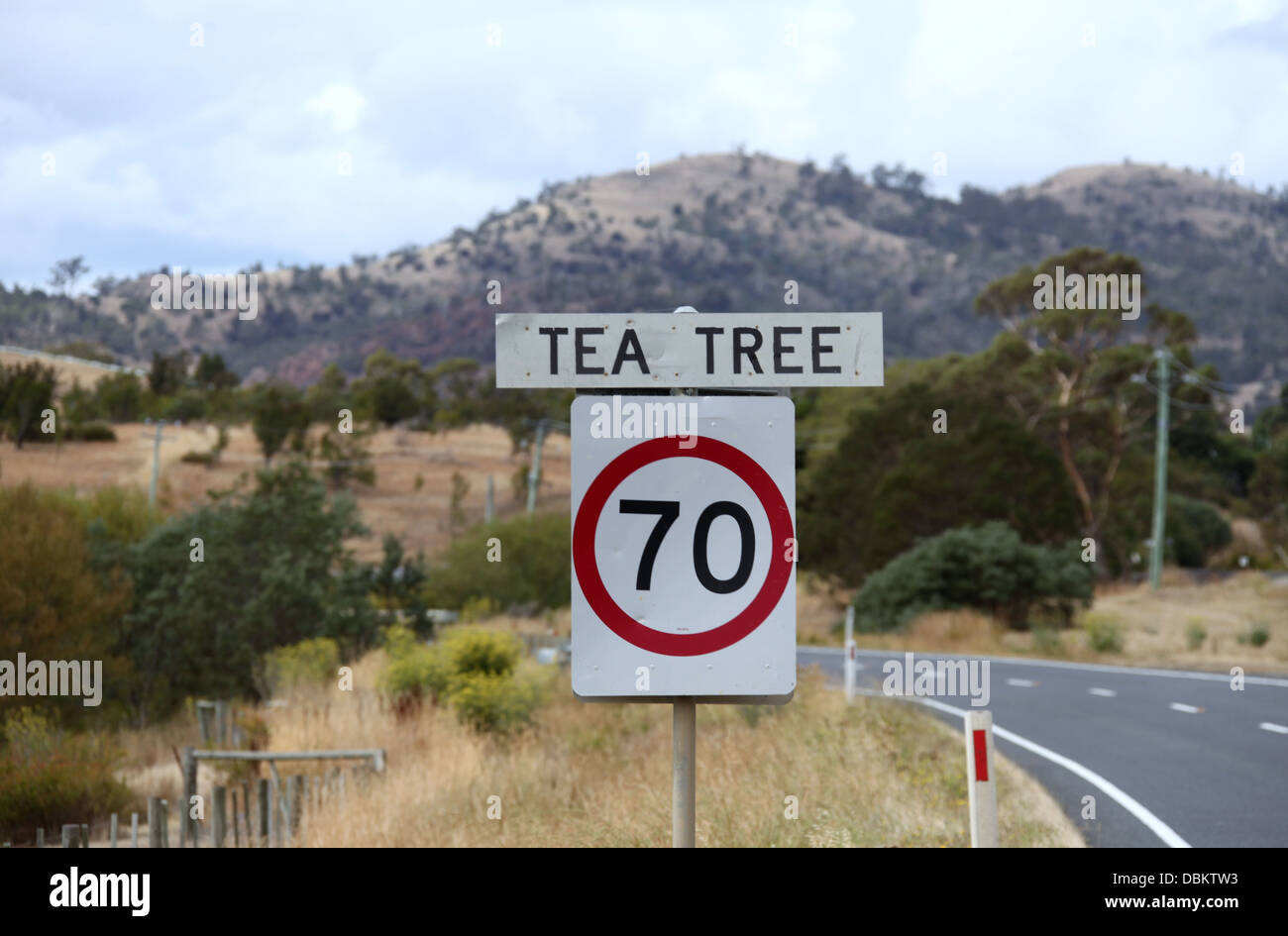 Tee-Baum-Straßenschild in Tasmanien über 70 Höchstgeschwindigkeit Stockfoto