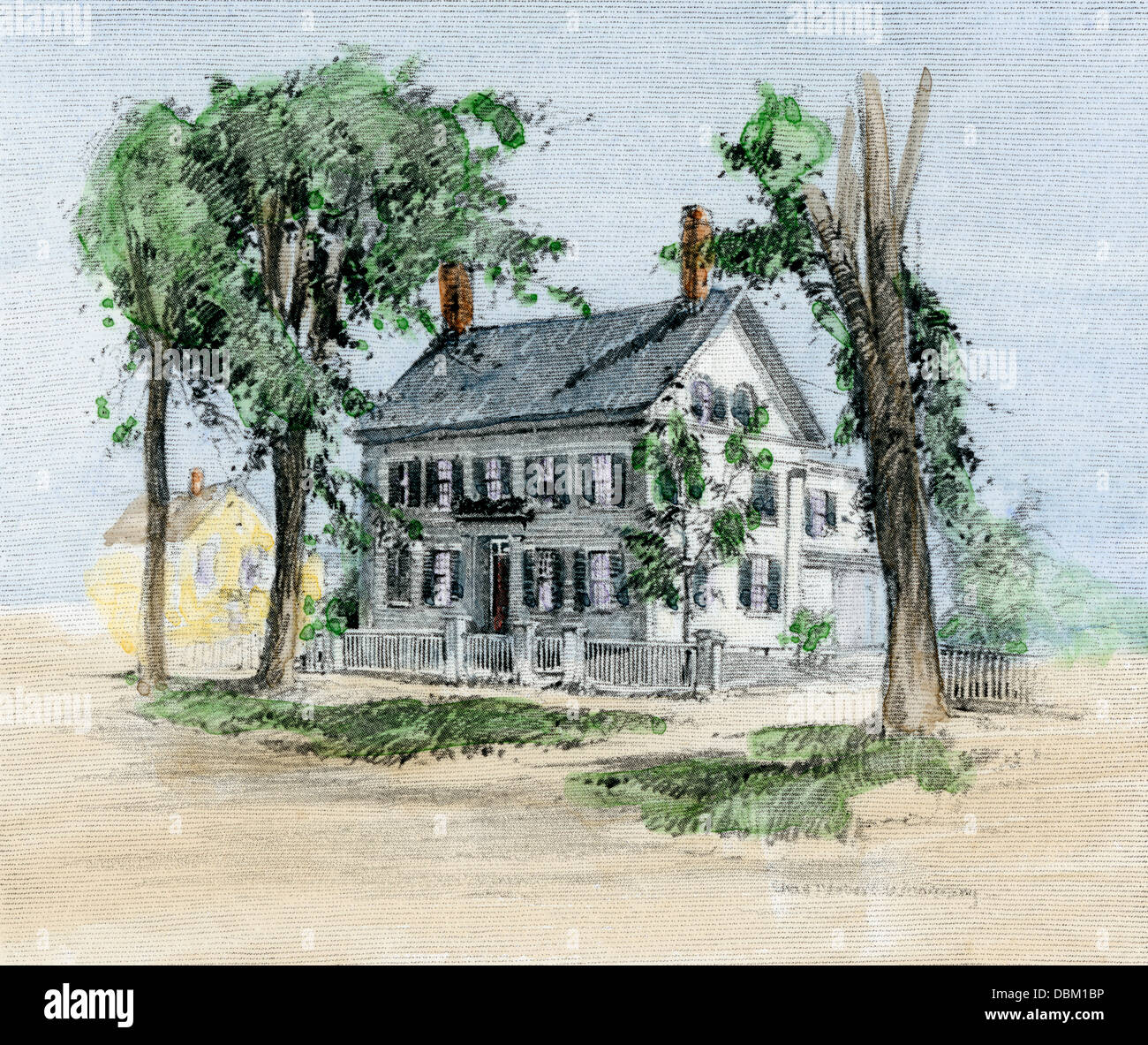 Haus, wo Harriet Beecher Stowe schrieb "Onkel Toms Hütte", Brunswick, Maine. Hand - farbige Holzschnitt Stockfoto