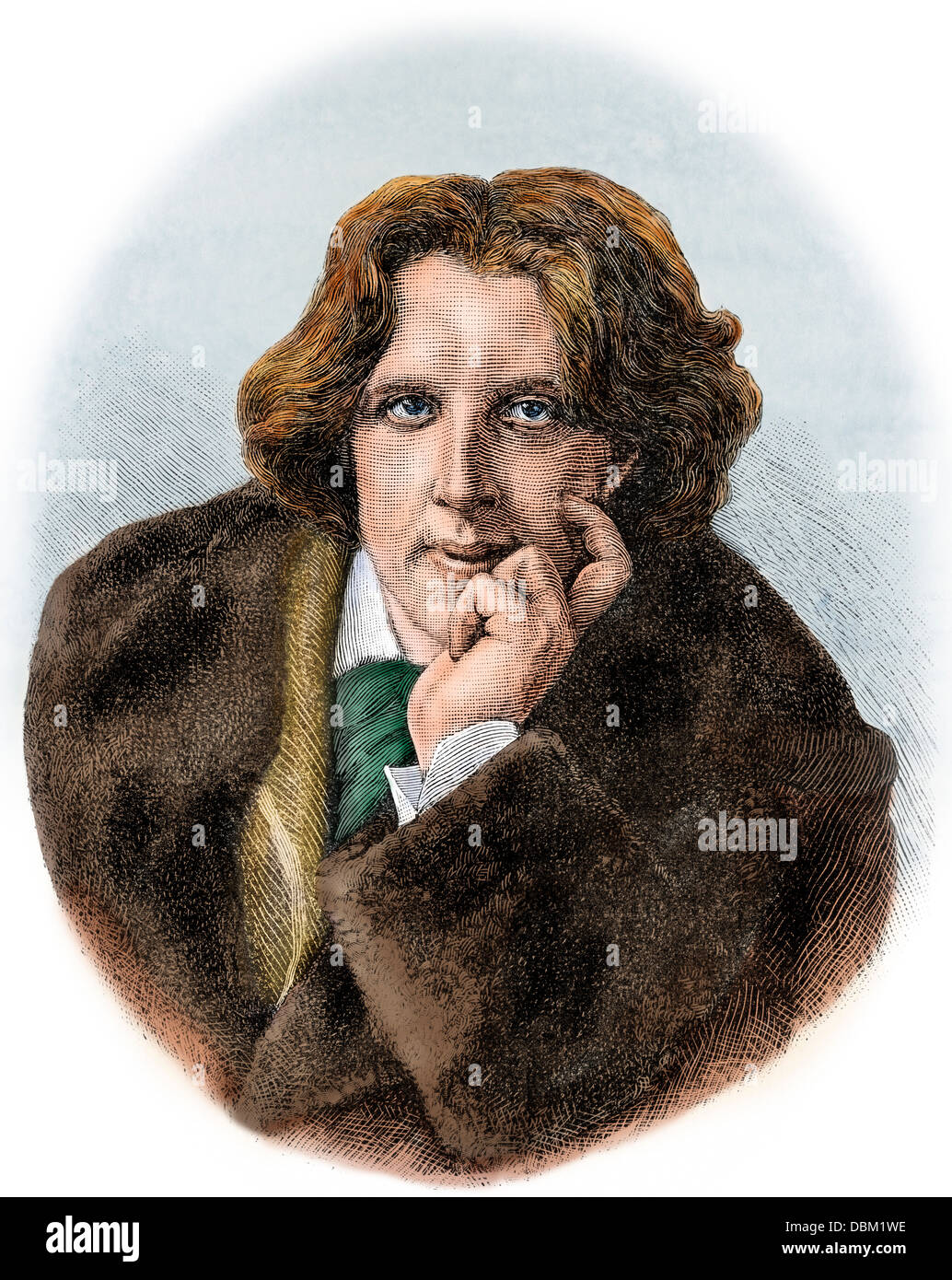 Autor und Kritiker Oscar Wilde, circa 1880. Hand - farbige Holzschnitt Stockfoto Autor und Kritiker Oscar Wilde, circa 1880. Hand - farbige Holzschnitt Stockfoto